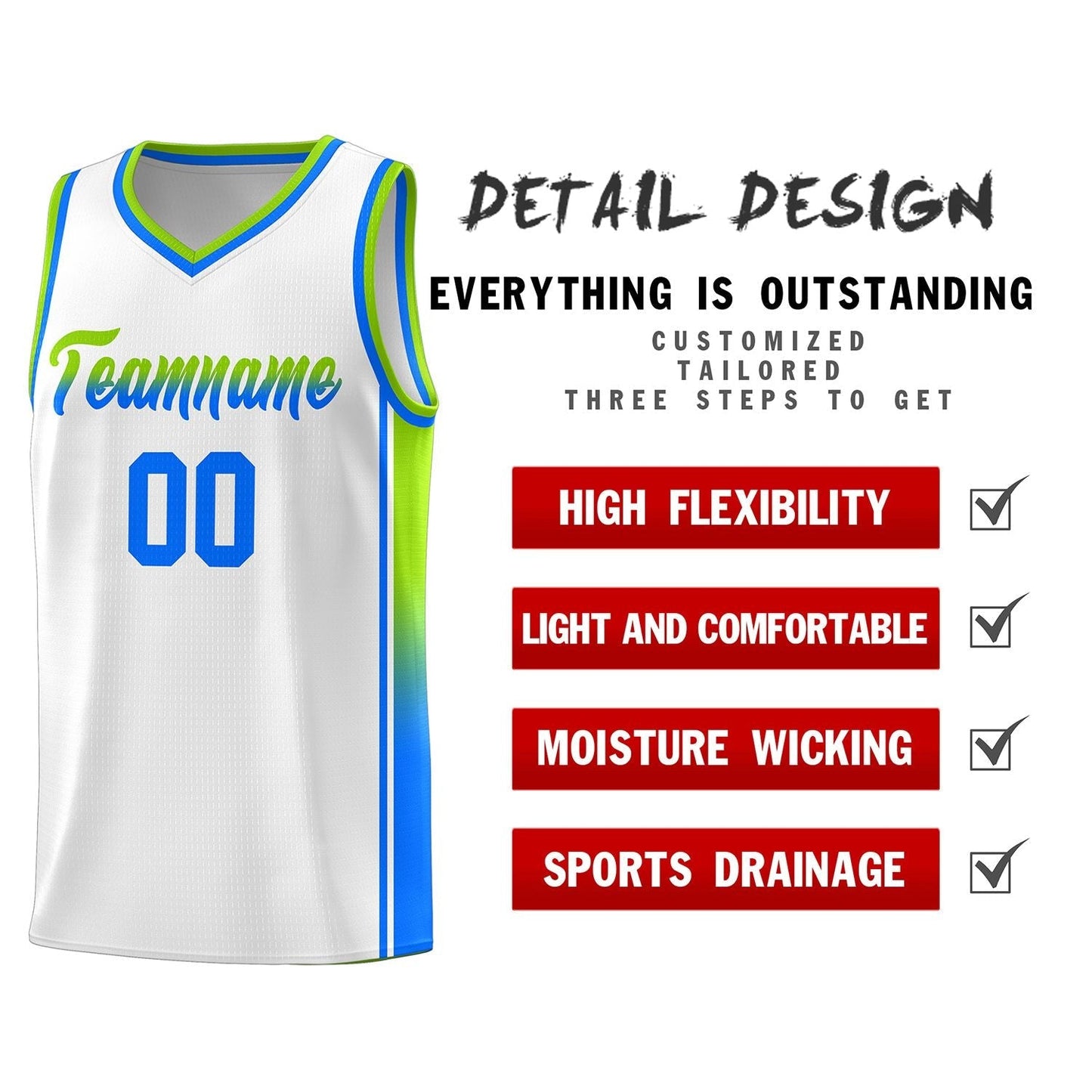 Custom White Neon Green-Light Blue Gradient Fashion Sports Uniform Basketball Jersey