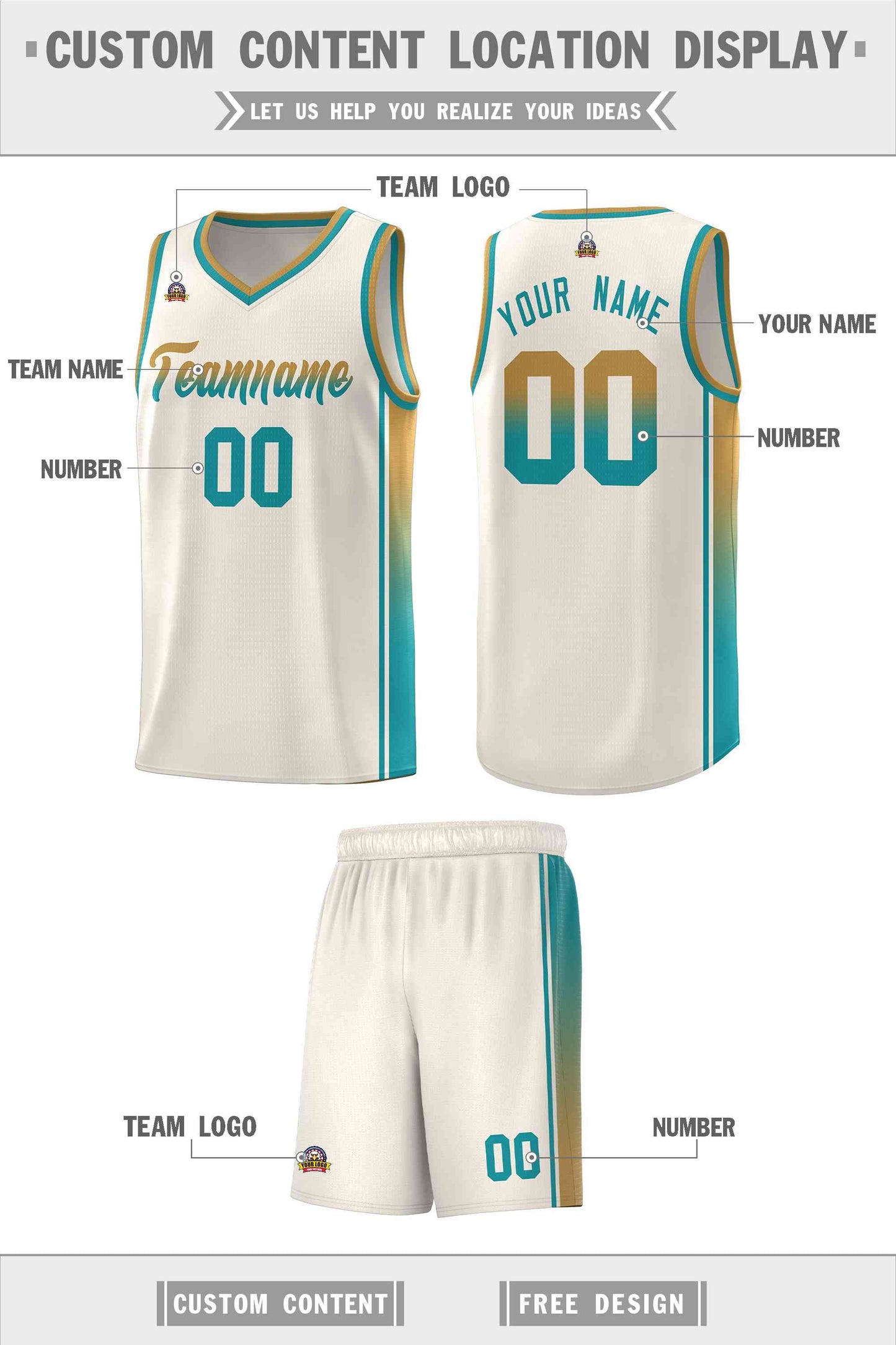 Custom Khaki Old Gold-Aqua Gradient Fashion Sports Uniform Basketball Jersey