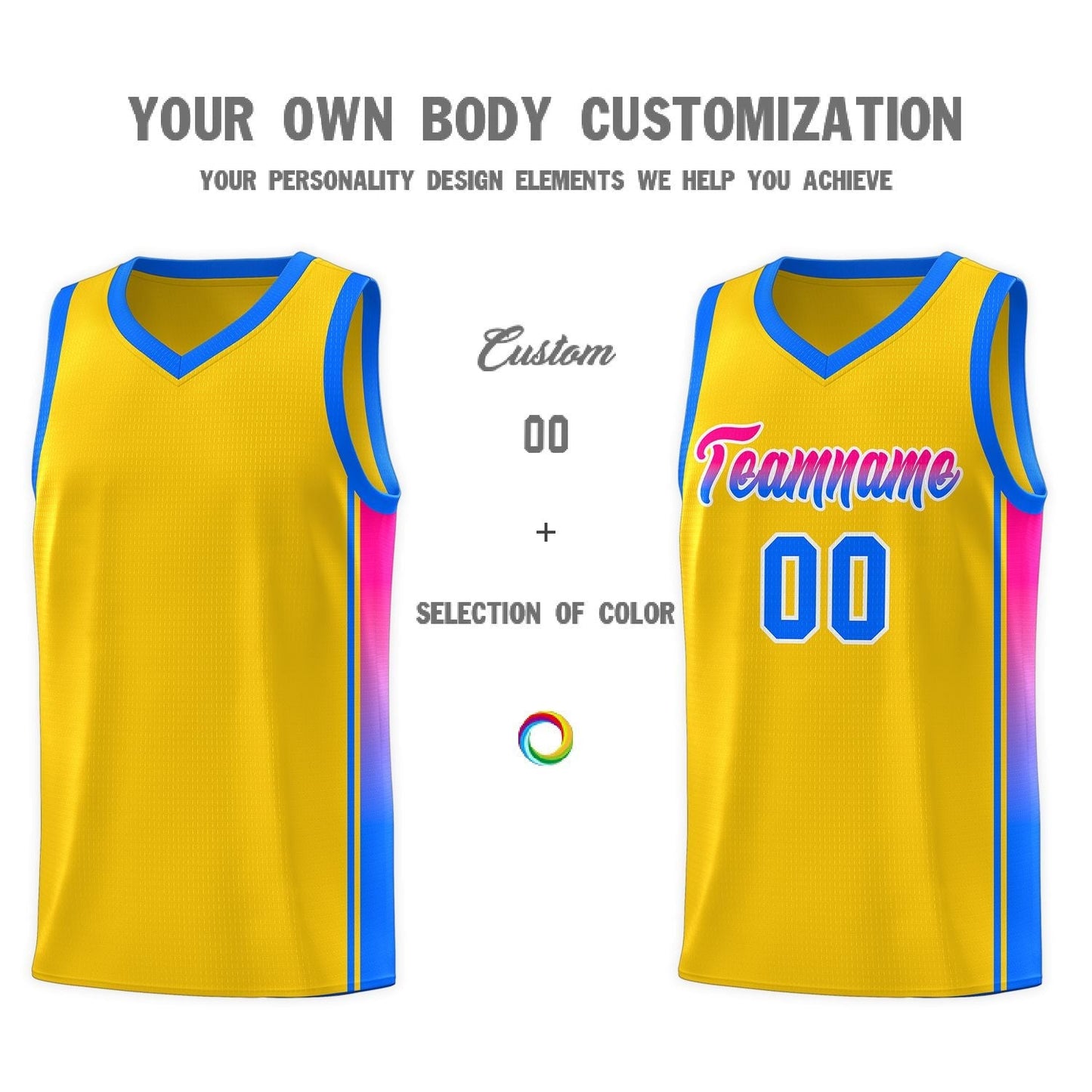 Custom Gold Light Blue-Pink Gradient Fashion Sports Uniform Basketball Jersey