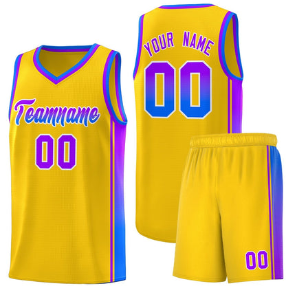 Custom Gold Purple-Light Blue Gradient Fashion Sports Uniform Basketball Jersey