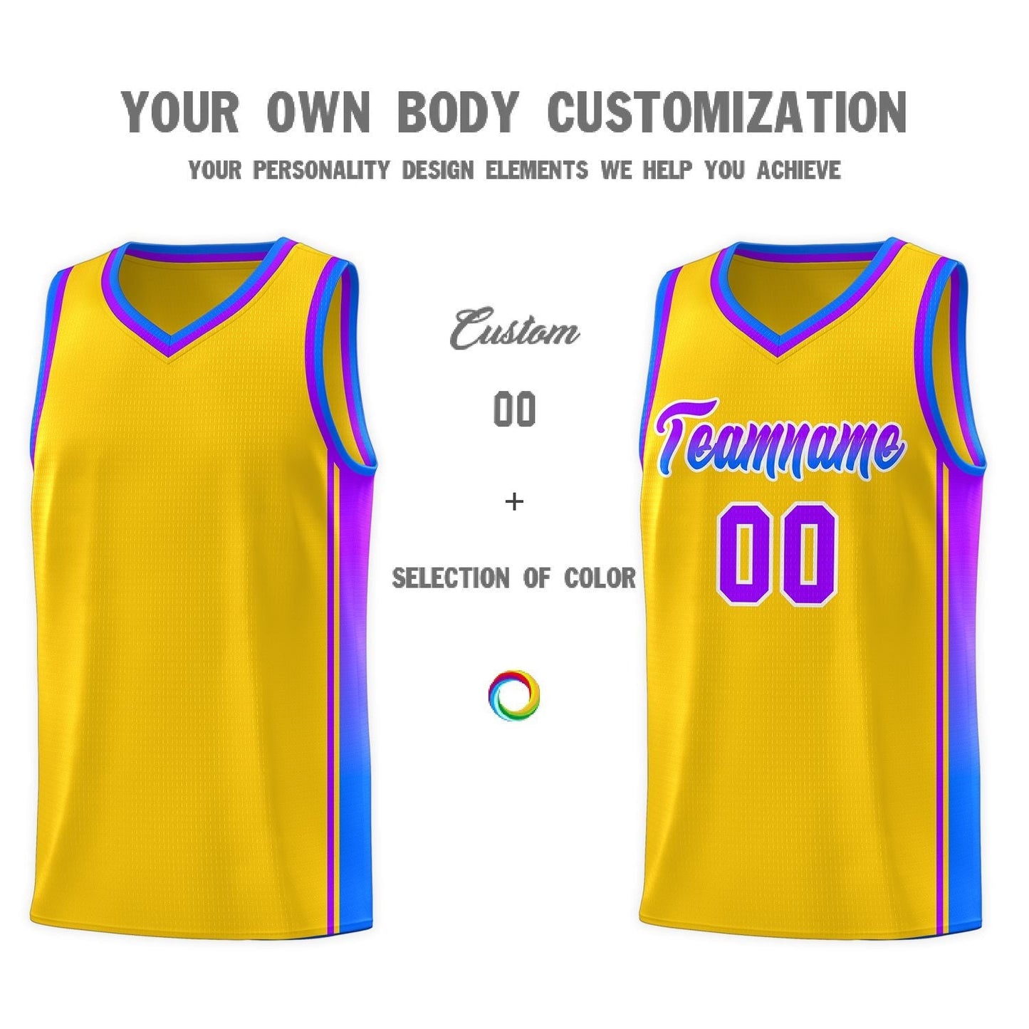 Custom Gold Purple-Light Blue Gradient Fashion Sports Uniform Basketball Jersey