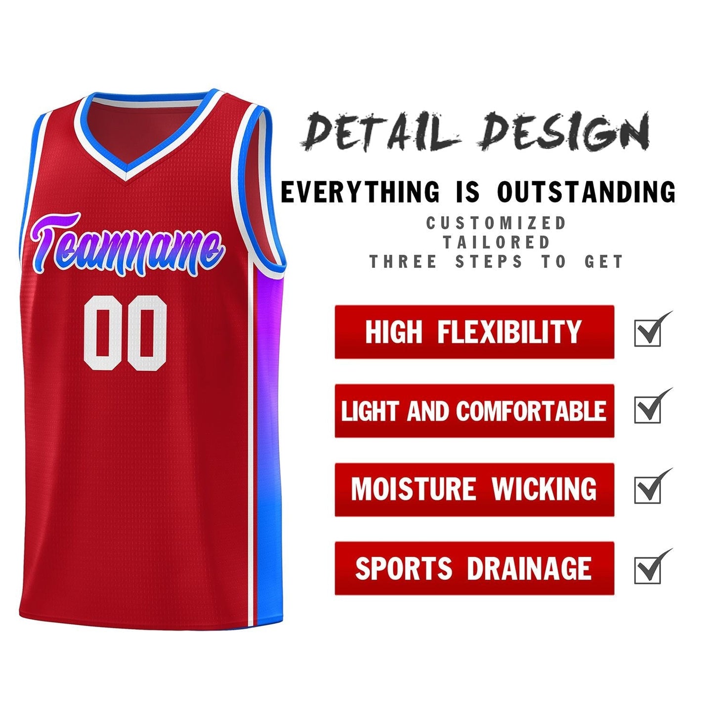 Custom Red Purple-Light Blue Gradient Fashion Sports Uniform Basketball Jersey