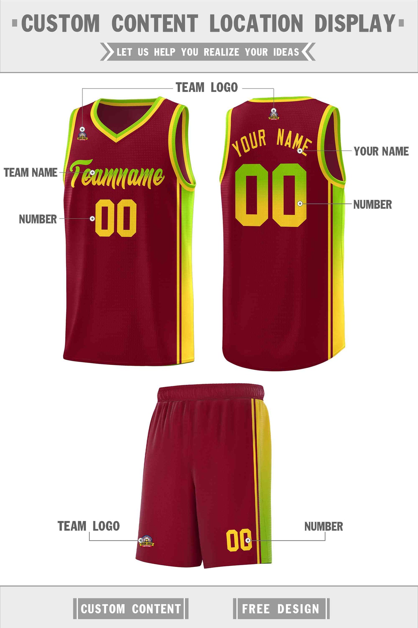 Custom Crimson Neon Green-Gold Gradient Fashion Sports Uniform Basketball Jersey