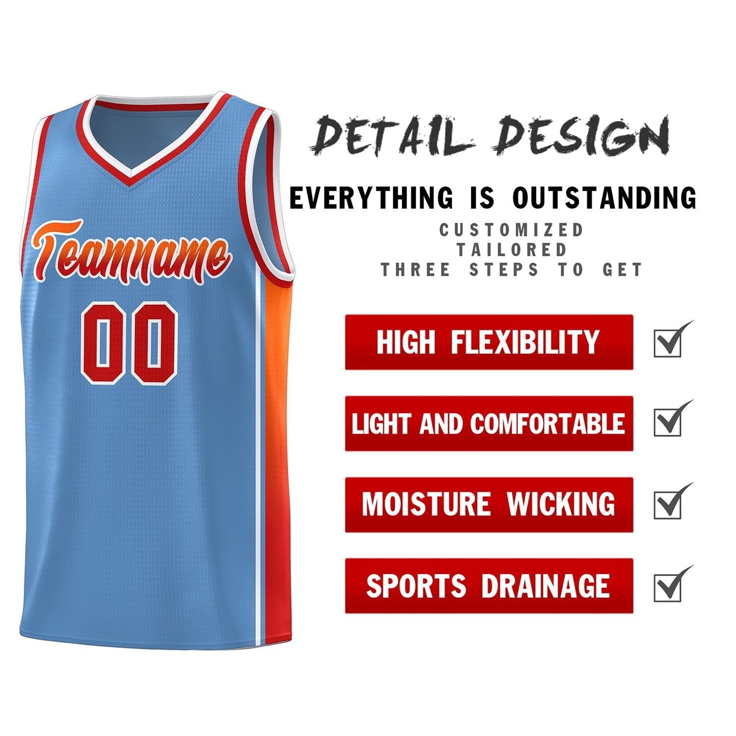 Custom Light Blue Orange-Red Gradient Fashion Sports Uniform Basketball Jersey