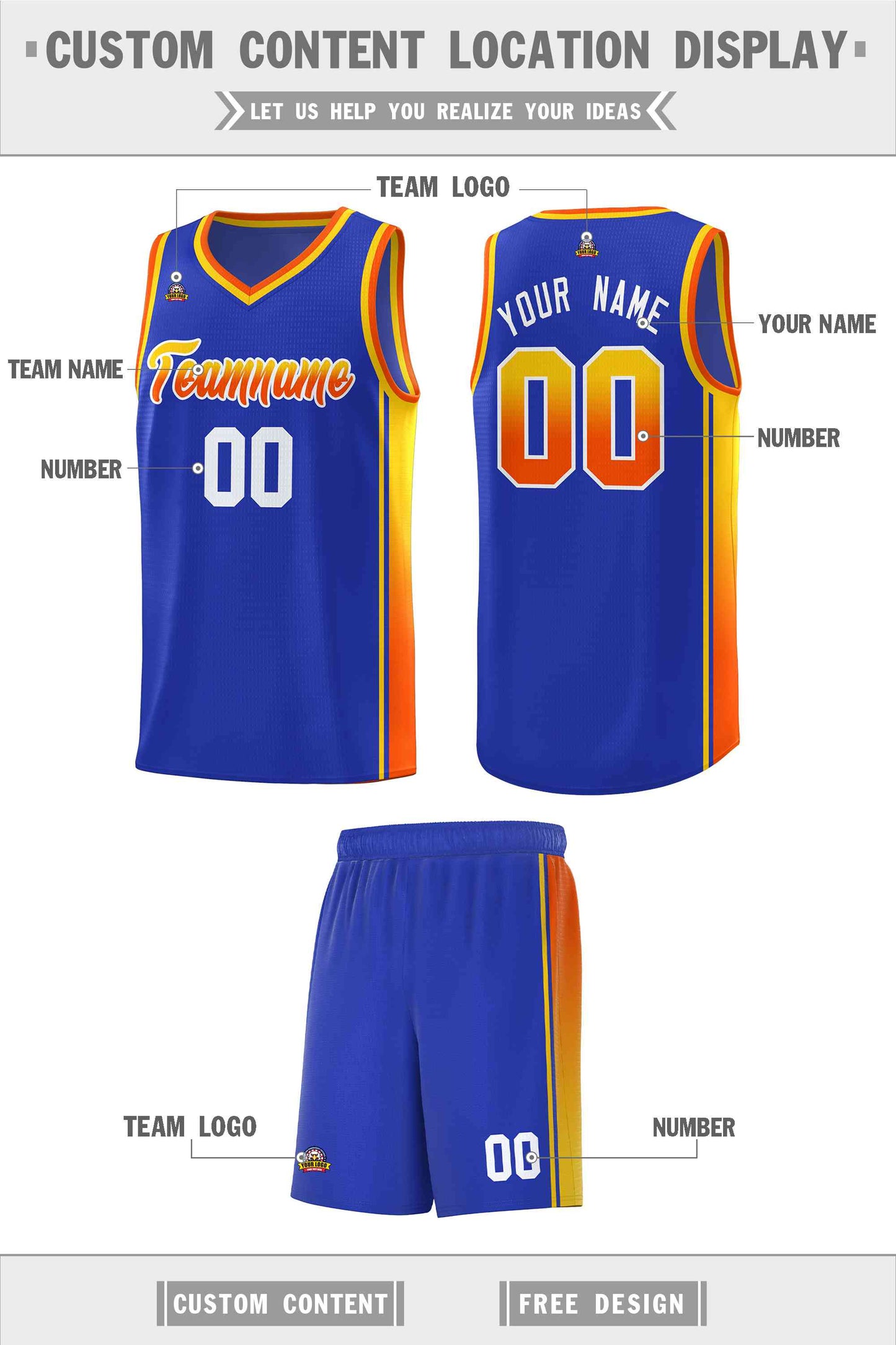 Custom Royal Gold-Orange Gradient Fashion Sports Uniform Basketball Jersey