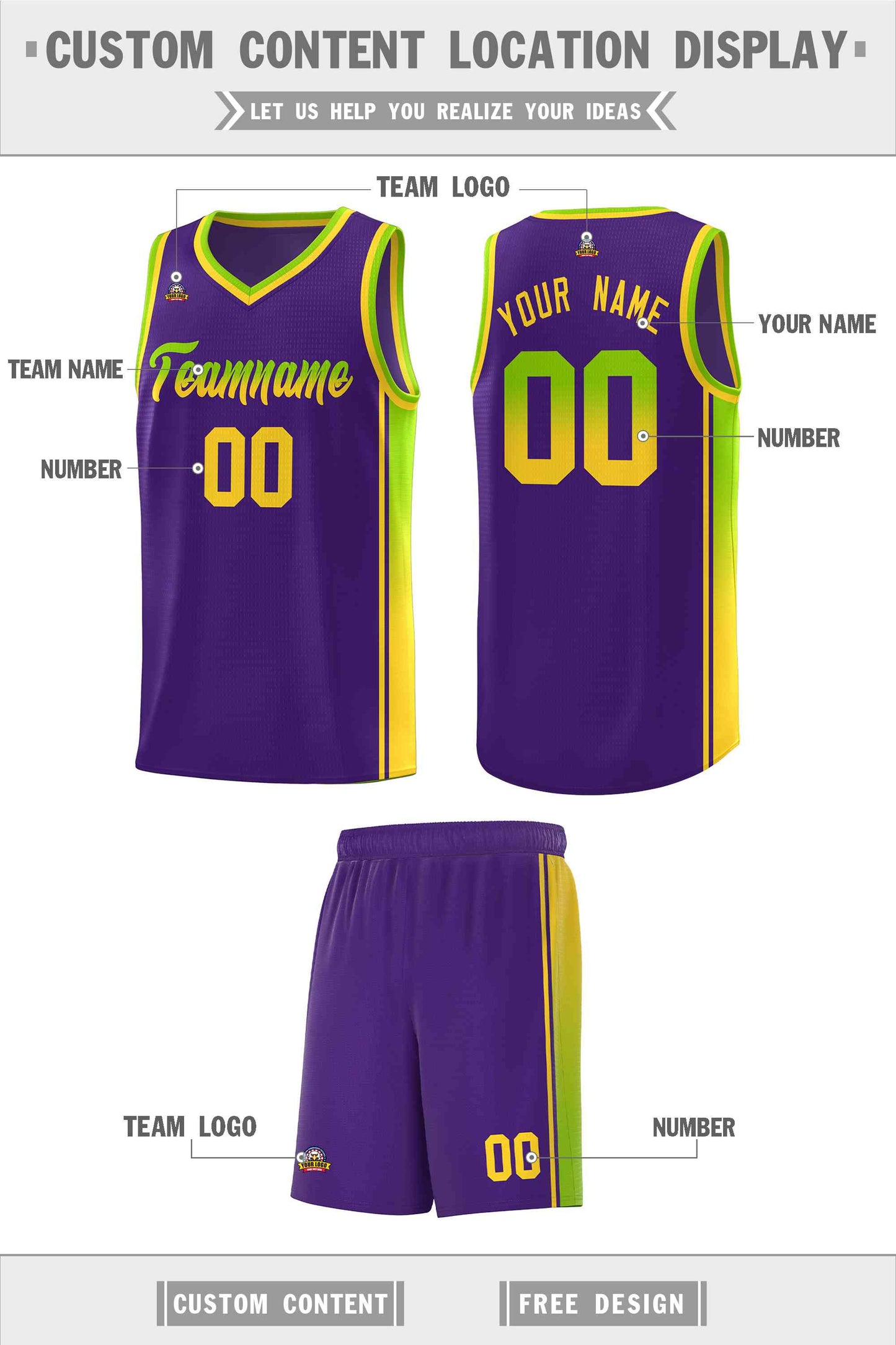 Custom Purple Neon Green-Gold Gradient Fashion Sports Uniform Basketball Jersey