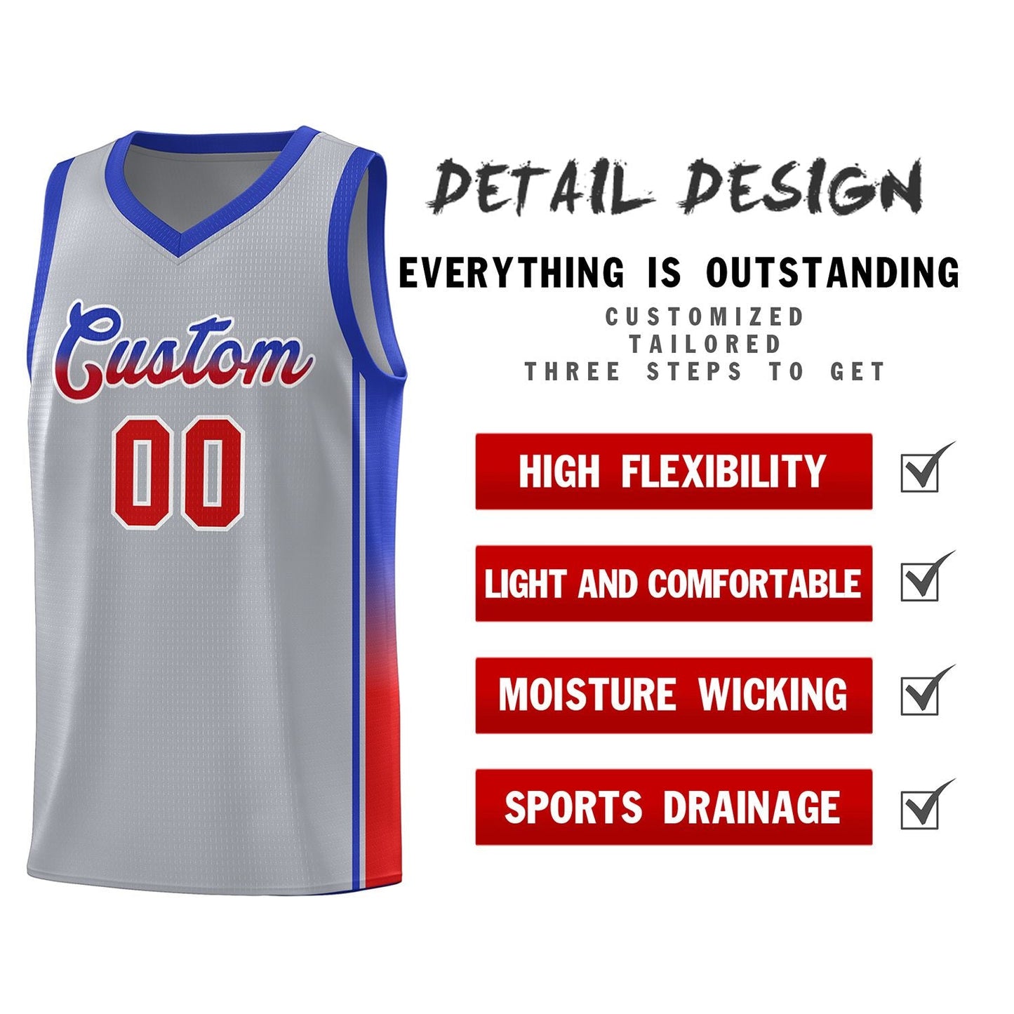 Custom Gray Red-Royal Gradient Fashion Sports Uniform Basketball Jersey