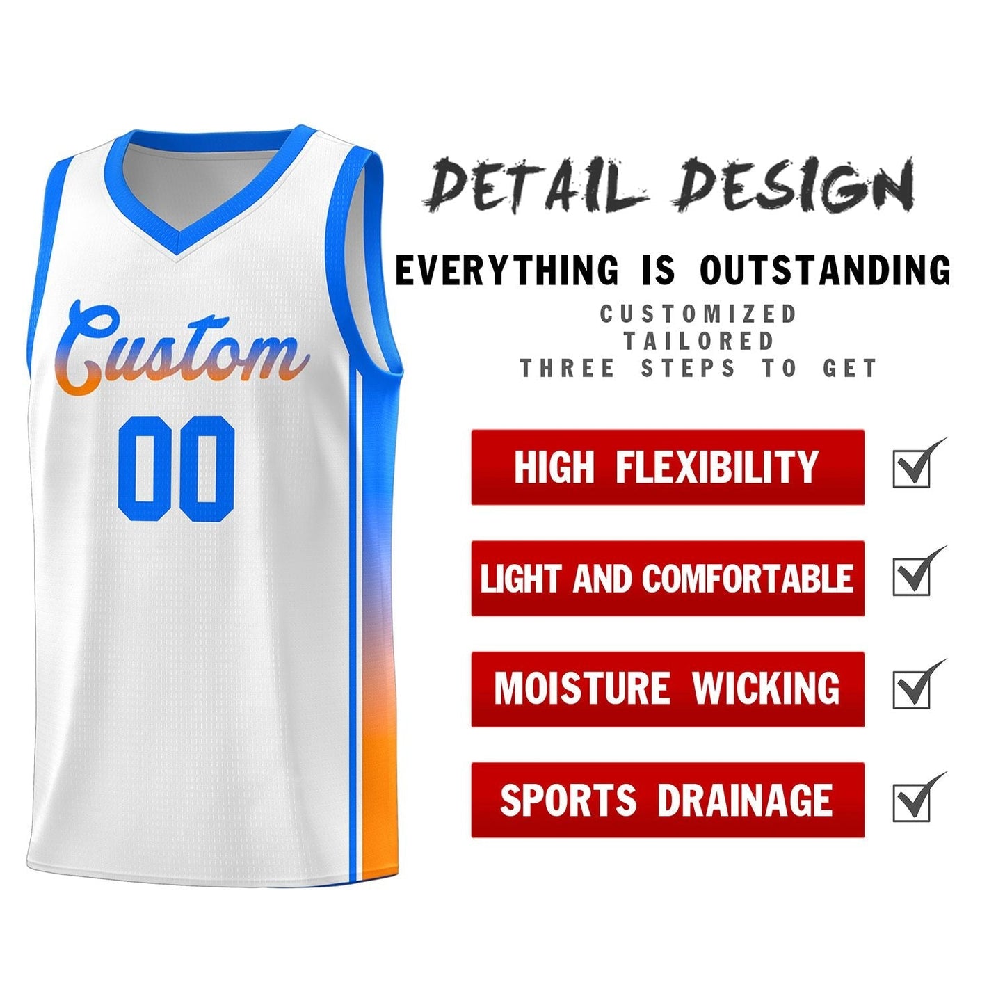 Custom White Light Blue-Orange Gradient Fashion Sports Uniform Basketball Jersey