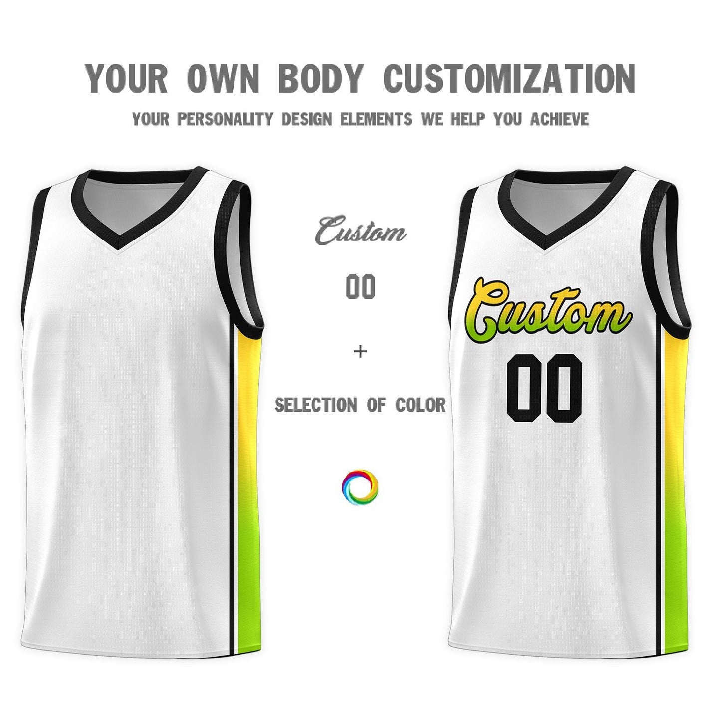 Custom White Gold-Neon Green Gradient Fashion Sports Uniform Basketball Jersey