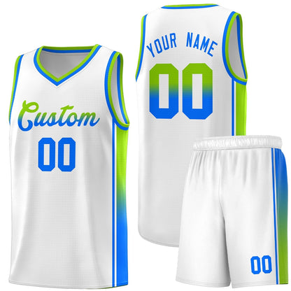 Custom White Neon Green-Light Blue Gradient Fashion Sports Uniform Basketball Jersey