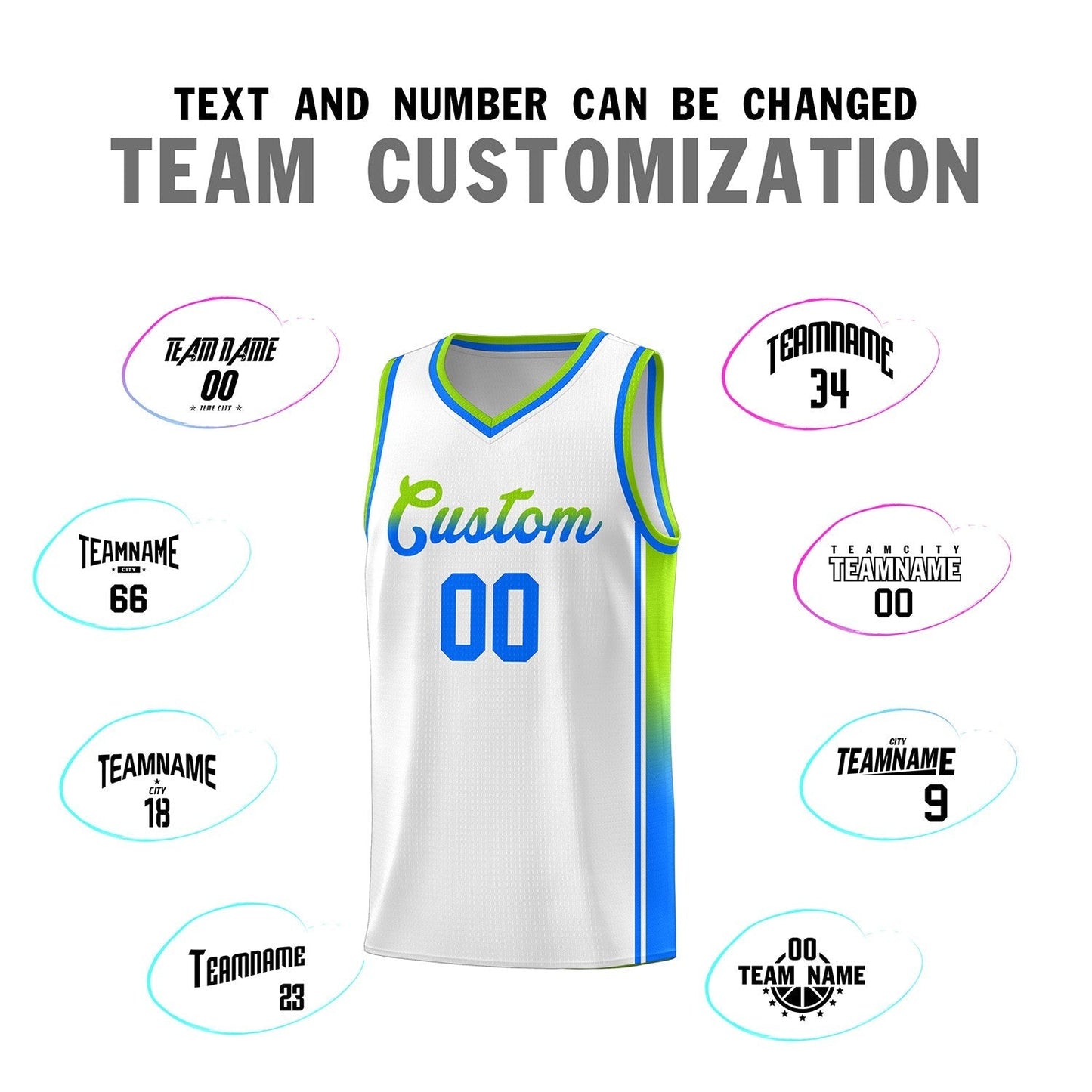 Custom White Neon Green-Light Blue Gradient Fashion Sports Uniform Basketball Jersey