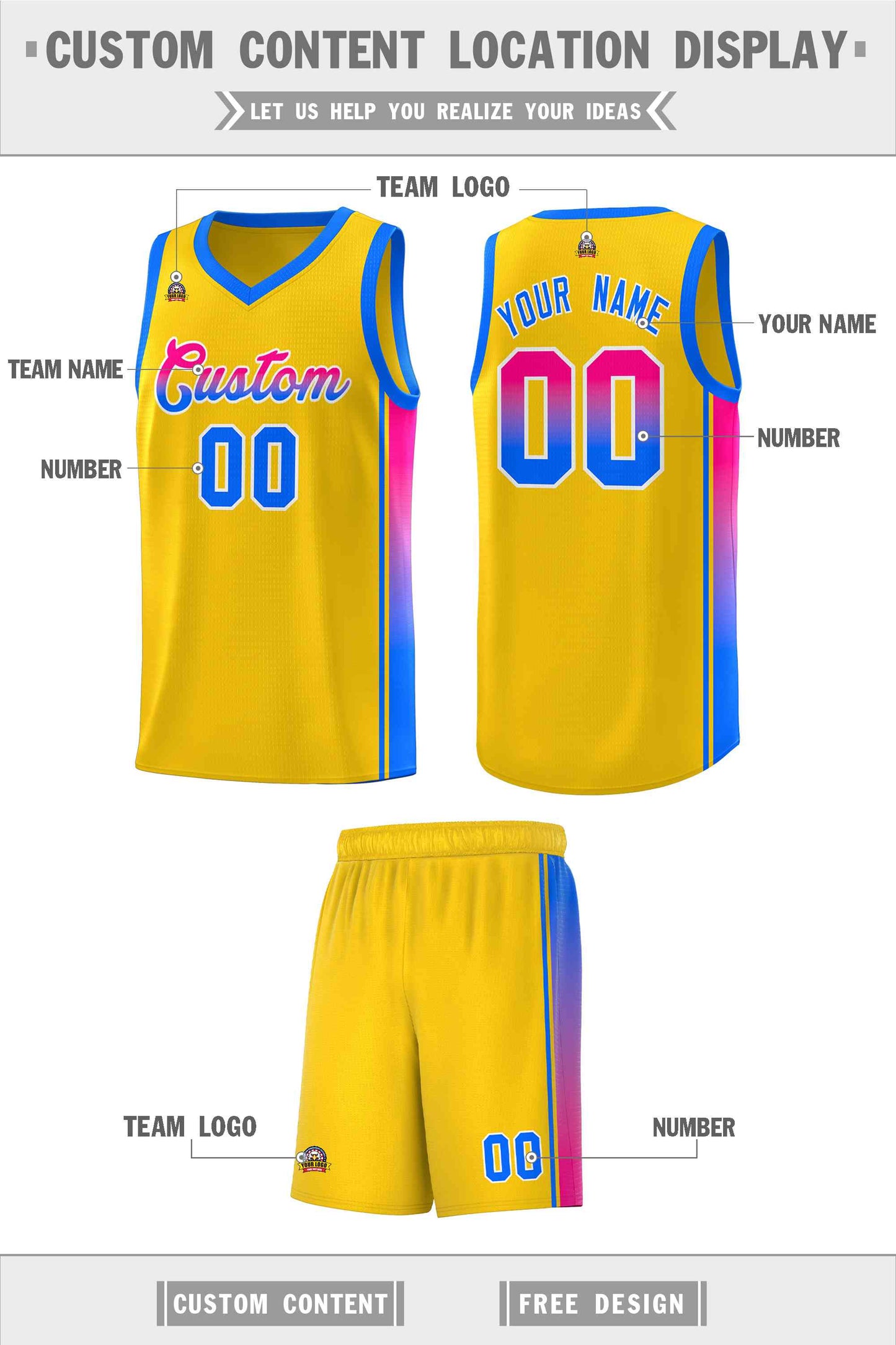 Custom Gold Light Blue-Pink Gradient Fashion Sports Uniform Basketball Jersey