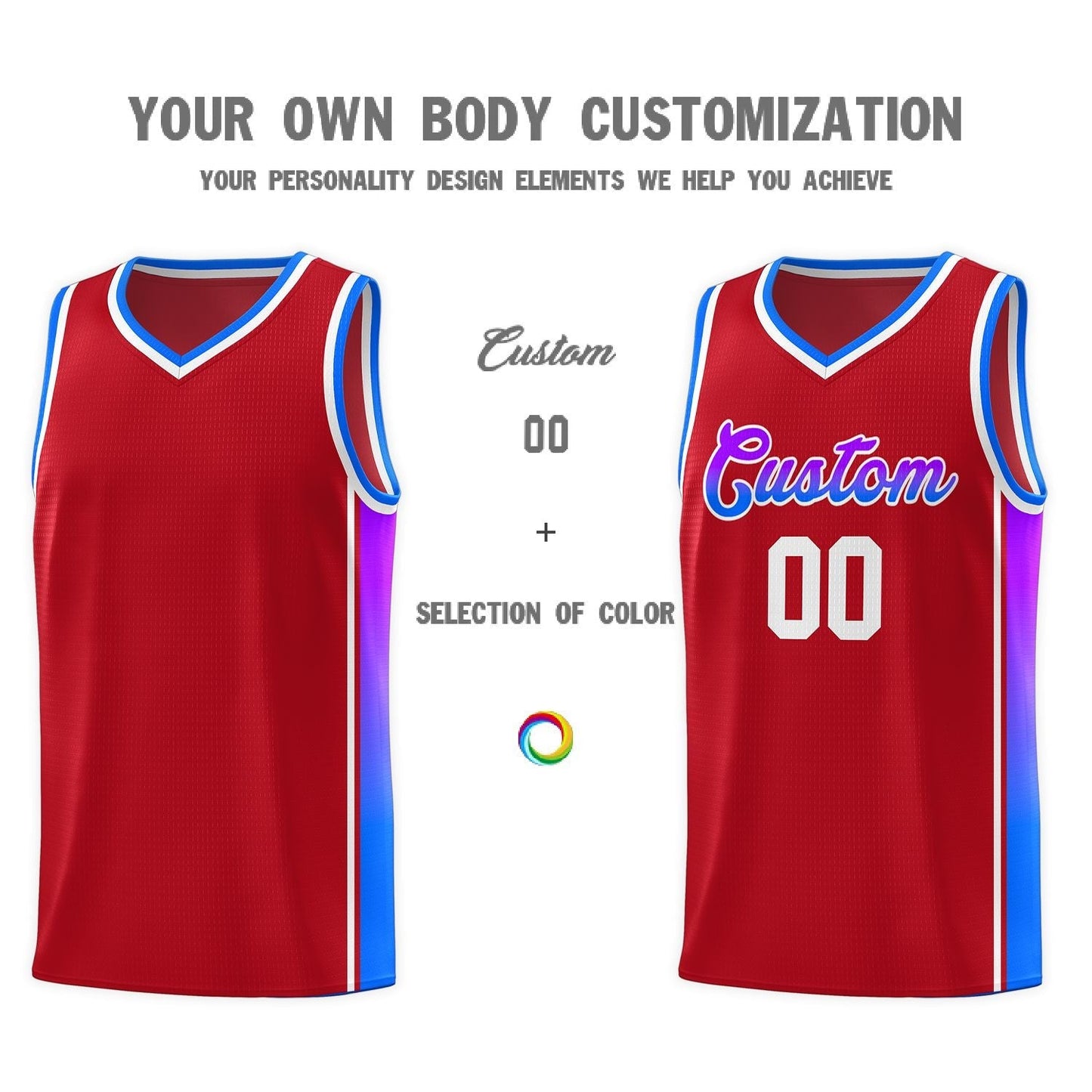 Custom Red Purple-Light Blue Gradient Fashion Sports Uniform Basketball Jersey