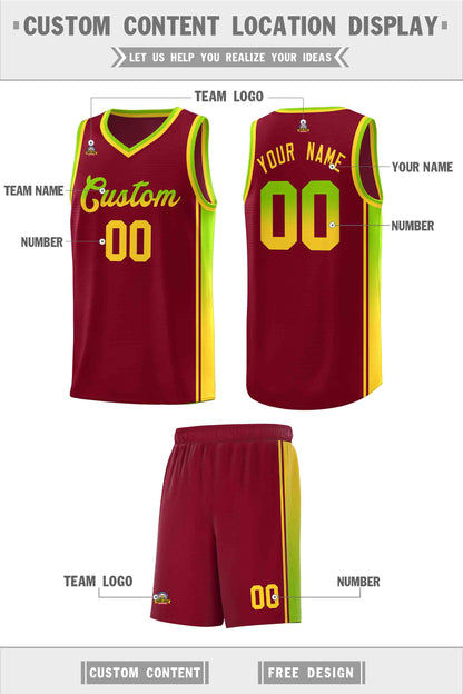 Custom Crimson Neon Green-Gold Gradient Fashion Sports Uniform Basketball Jersey