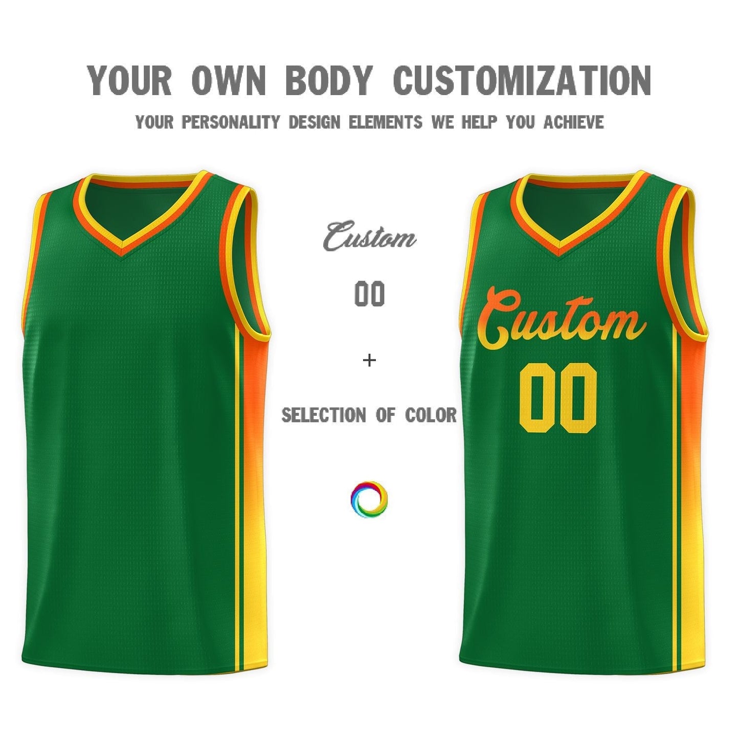 Custom Kelly Green Orange-Gold Gradient Fashion Sports Uniform Basketball Jersey