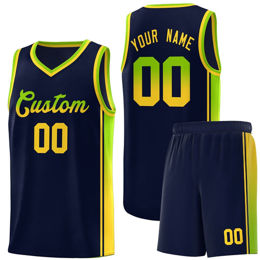 Custom Navy Neon Green-Gold Gradient Fashion Sports Uniform Basketball Jersey