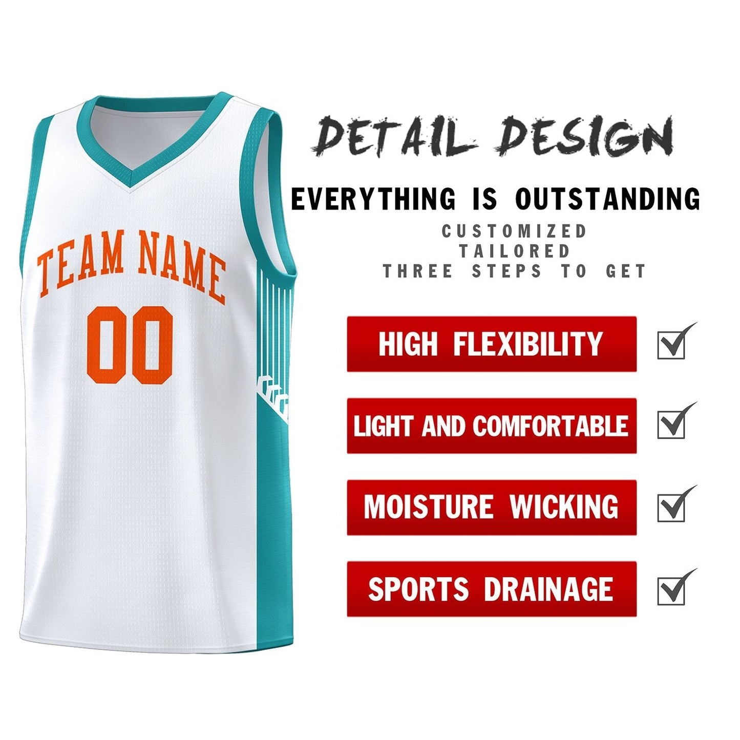 Custom White Orange Side Stripe Fashion Sports Uniform Basketball Jersey