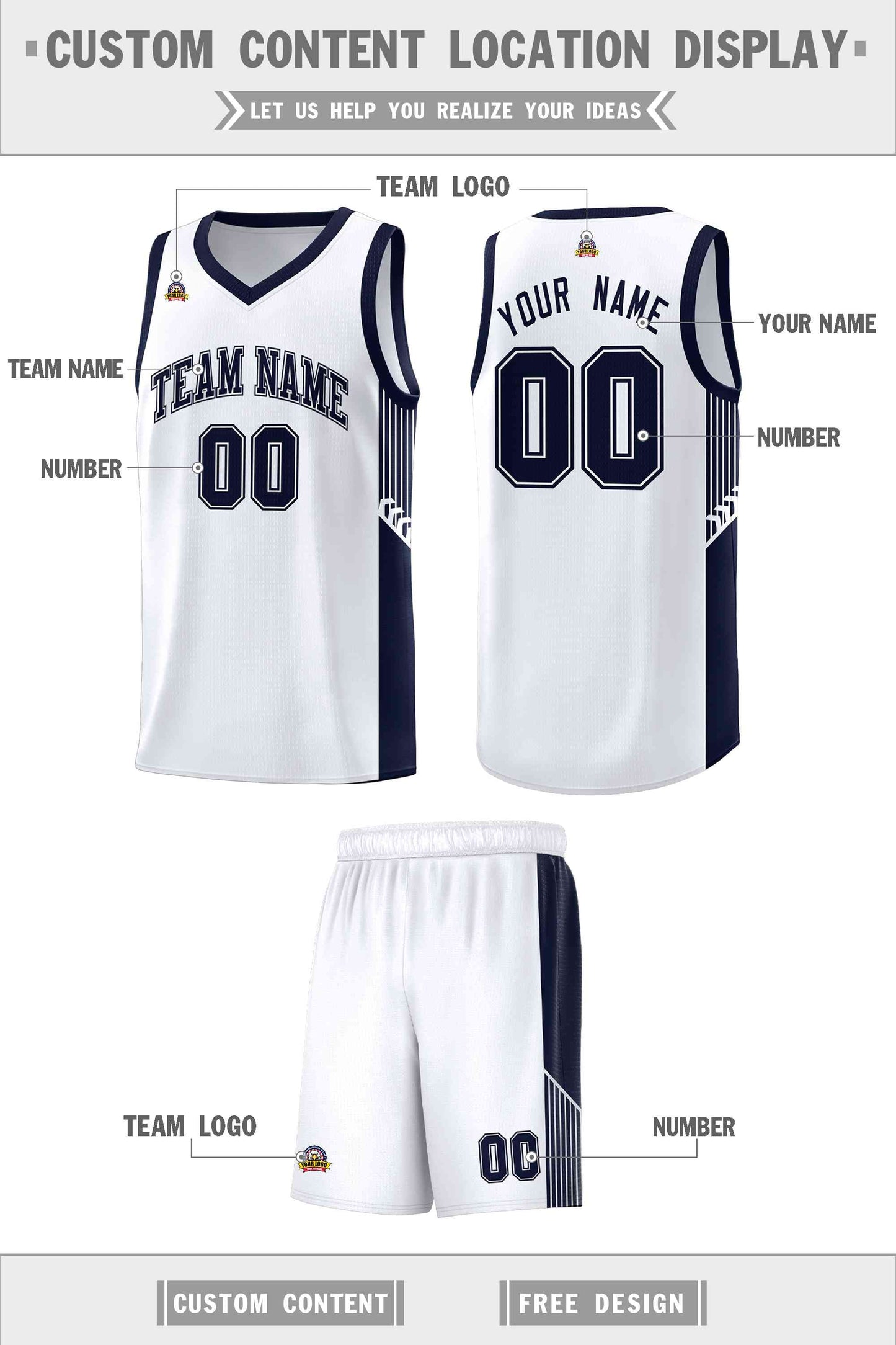 Custom White Navy Side Stripe Fashion Sports Uniform Basketball Jersey