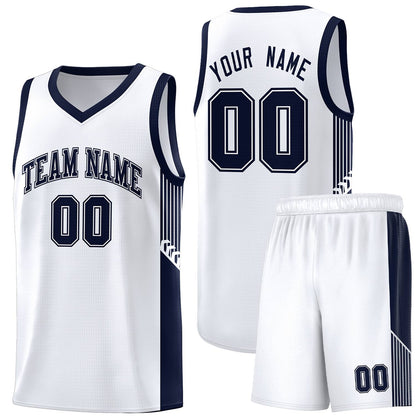 Custom White Navy Side Stripe Fashion Sports Uniform Basketball Jersey