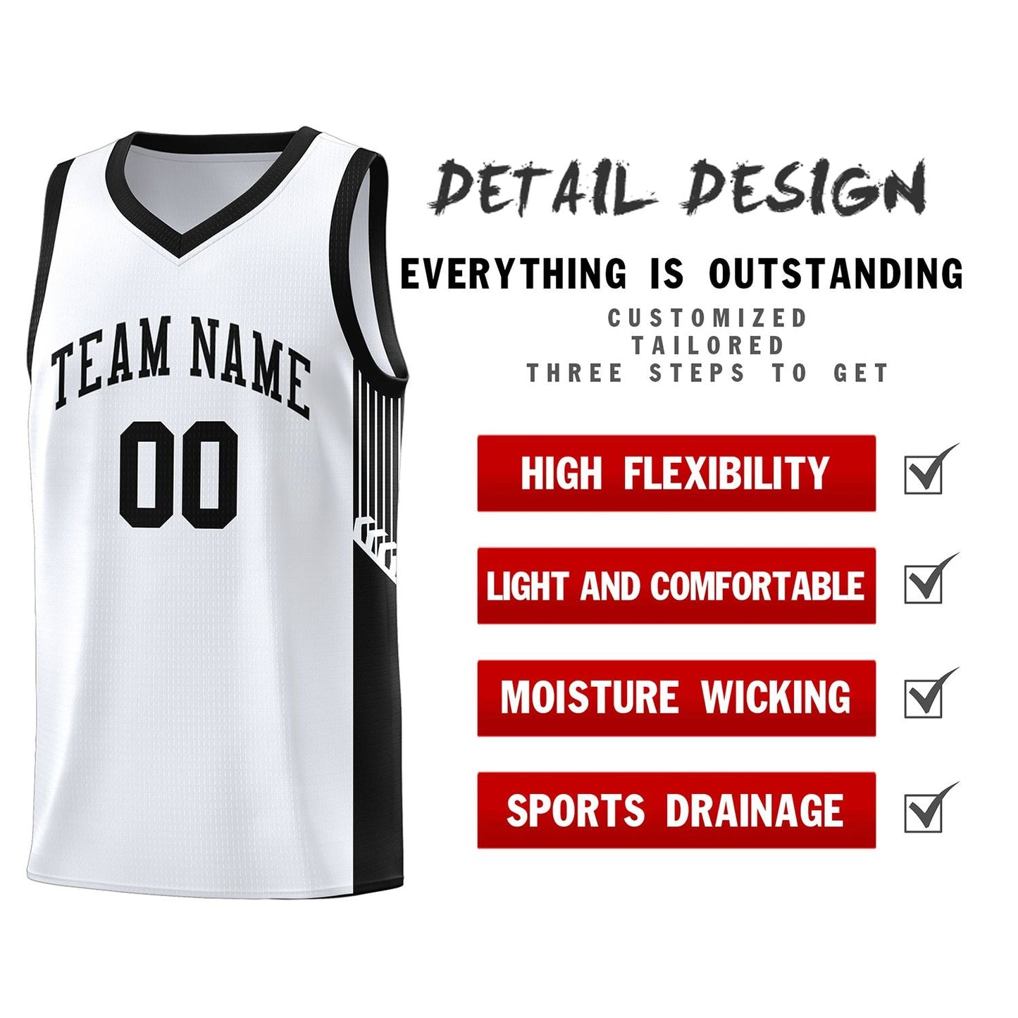 Custom White Black Side Stripe Fashion Sports Uniform Basketball Jersey