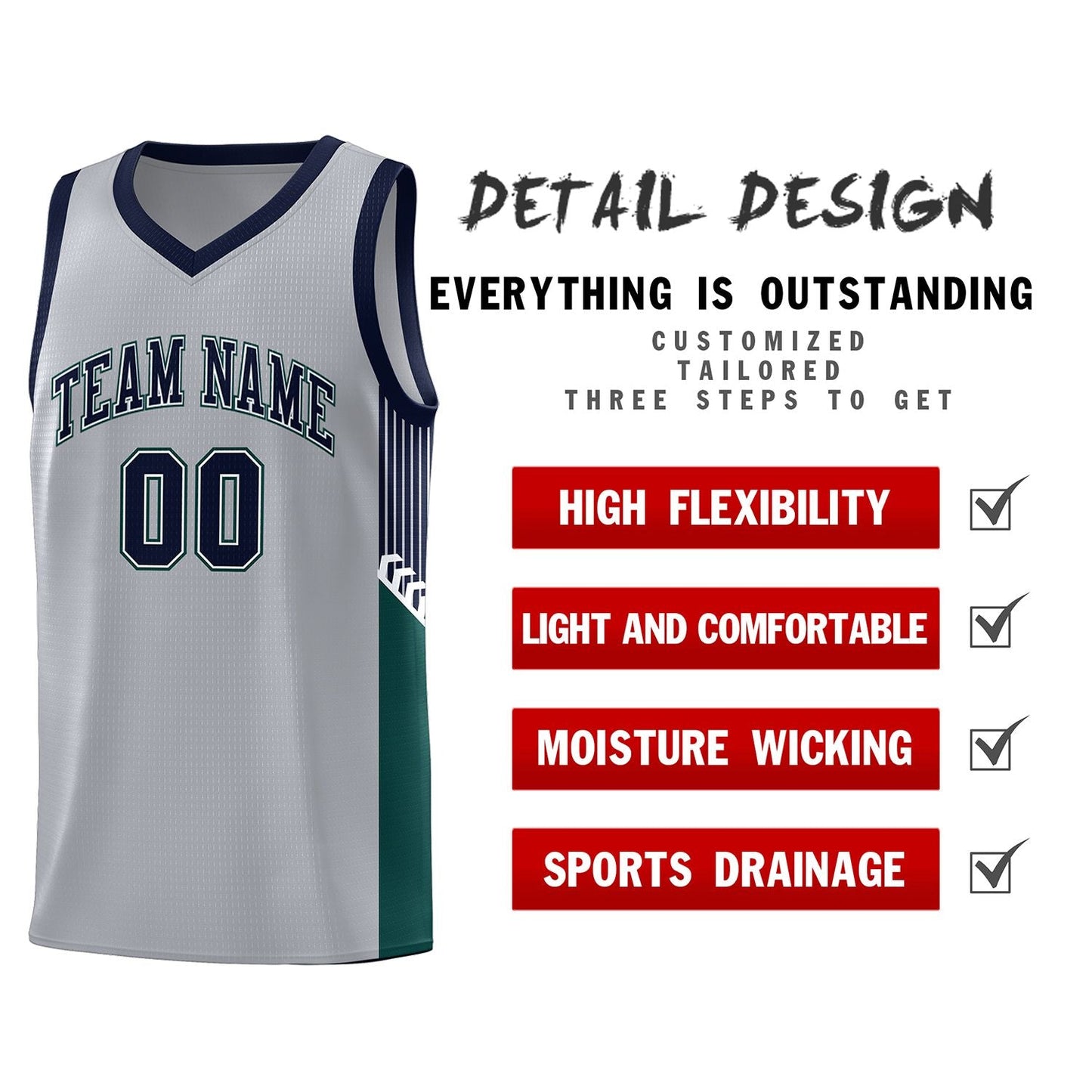 Custom Gray Navy-White Side Stripe Fashion Sports Uniform Basketball Jersey