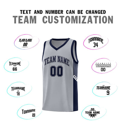 Custom Gray Navy-White Side Stripe Fashion Sports Uniform Basketball Jersey