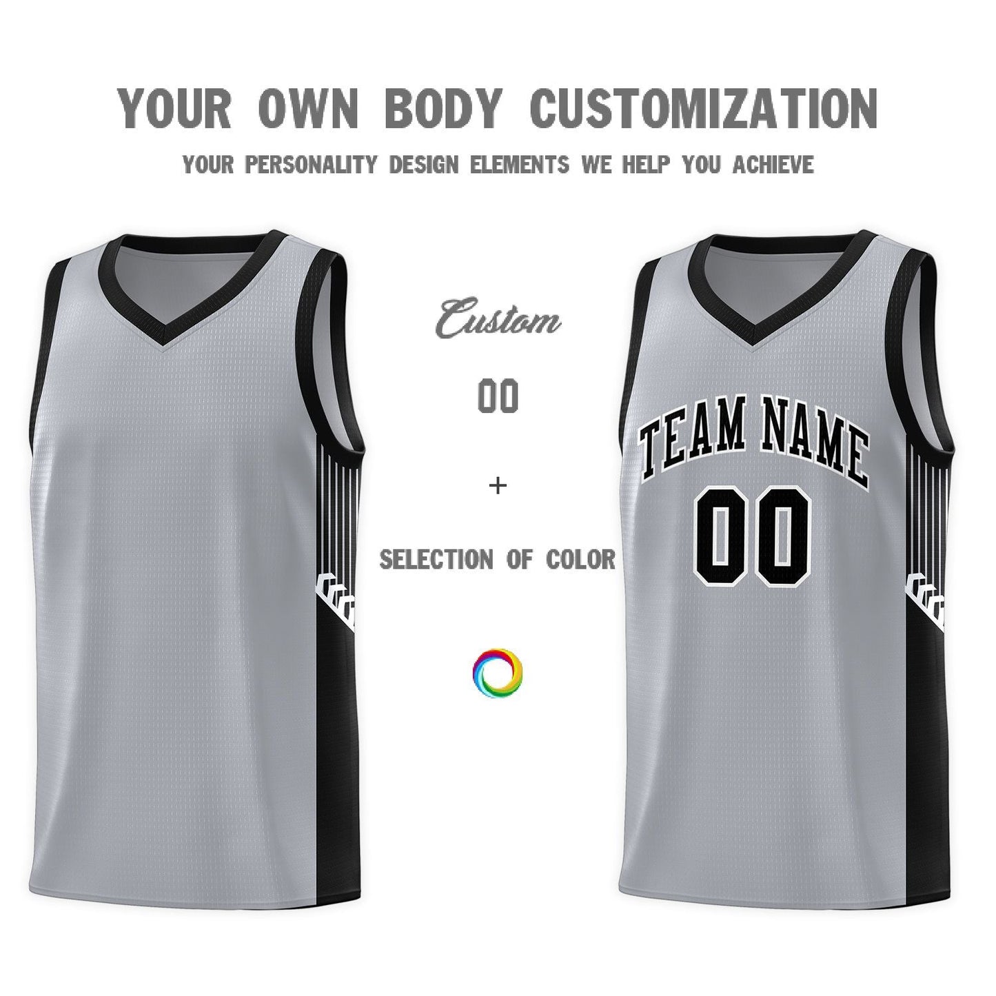 Custom Gray Black-White Side Stripe Fashion Sports Uniform Basketball Jersey