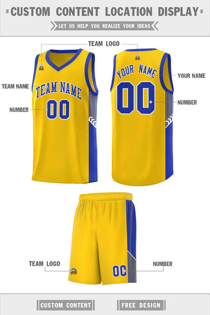 Custom Gold Royal-White Side Stripe Fashion Sports Uniform Basketball Jersey