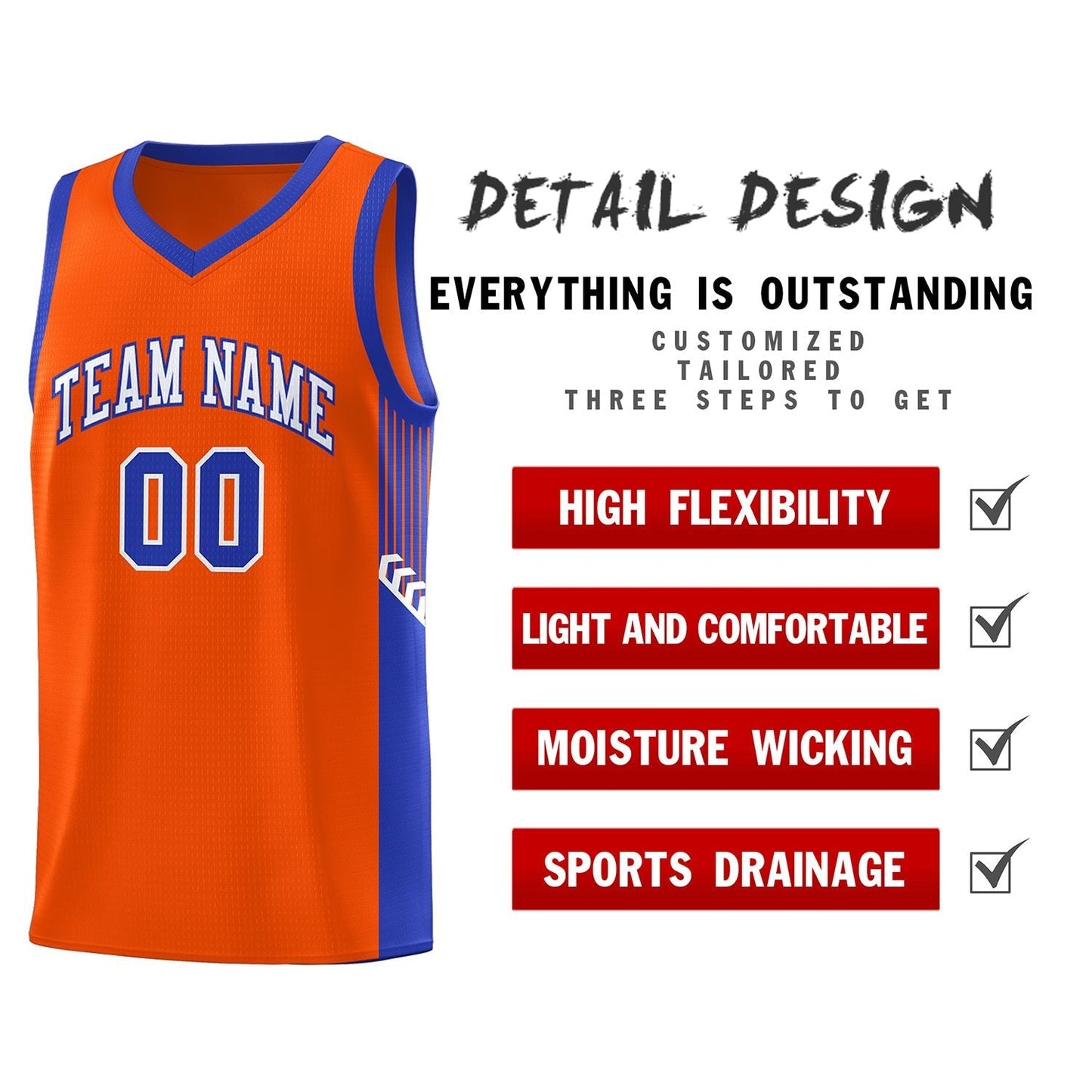 Custom Orange White-Royal Side Stripe Fashion Sports Uniform Basketball Jersey