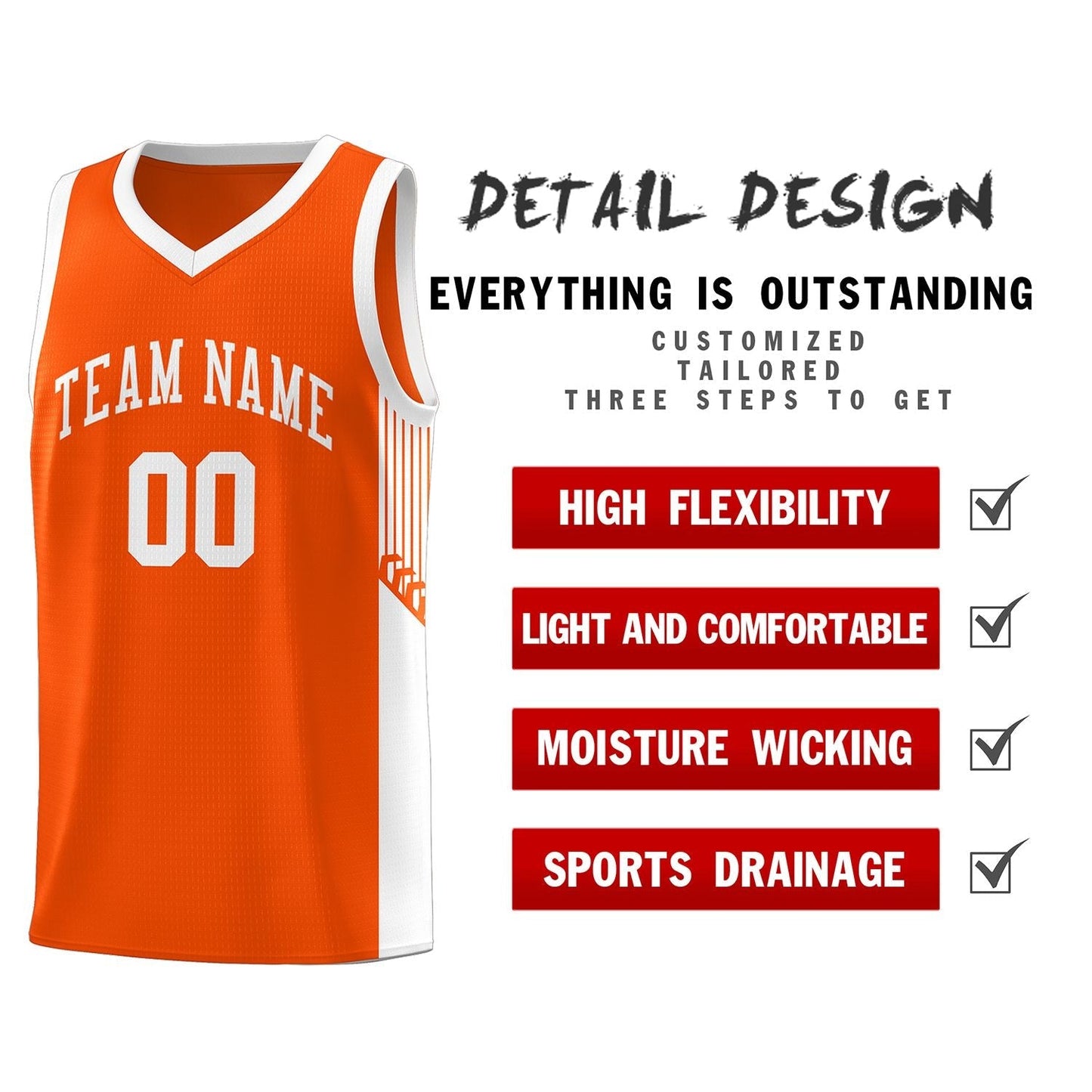 Custom Orange White Side Stripe Fashion Sports Uniform Basketball Jersey