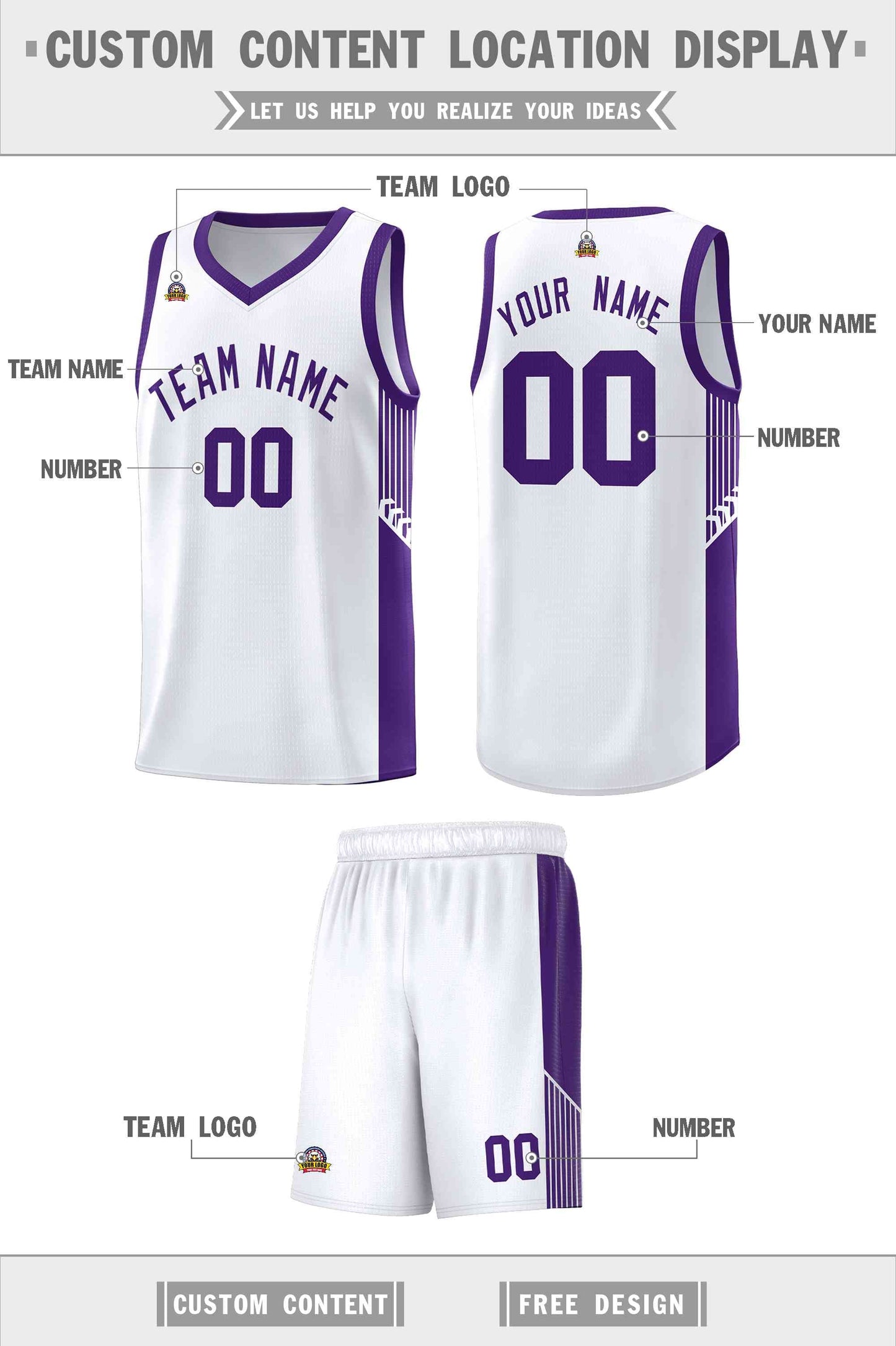 Custom White Purple Side Stripe Fashion Sports Uniform Basketball Jersey