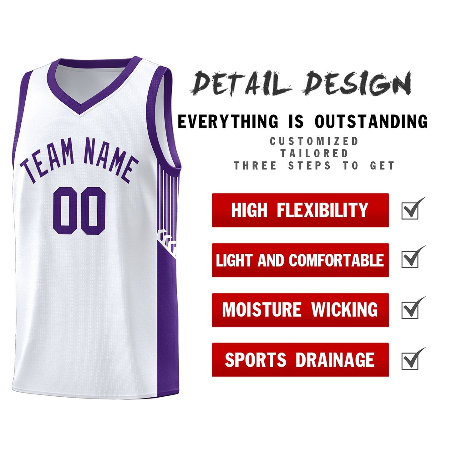 Custom White Purple Side Stripe Fashion Sports Uniform Basketball Jersey