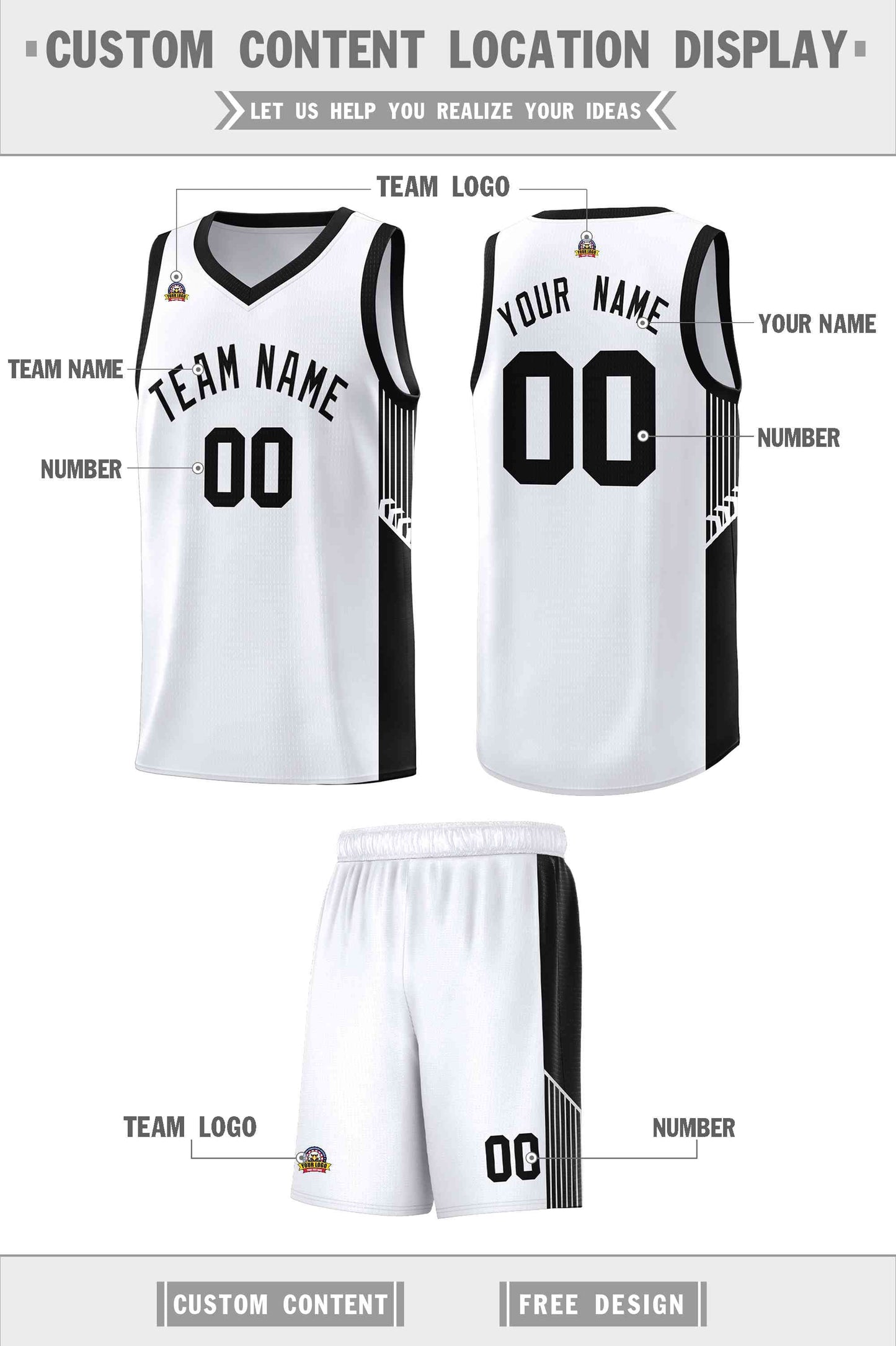 Custom White Black Side Stripe Fashion Sports Uniform Basketball Jersey