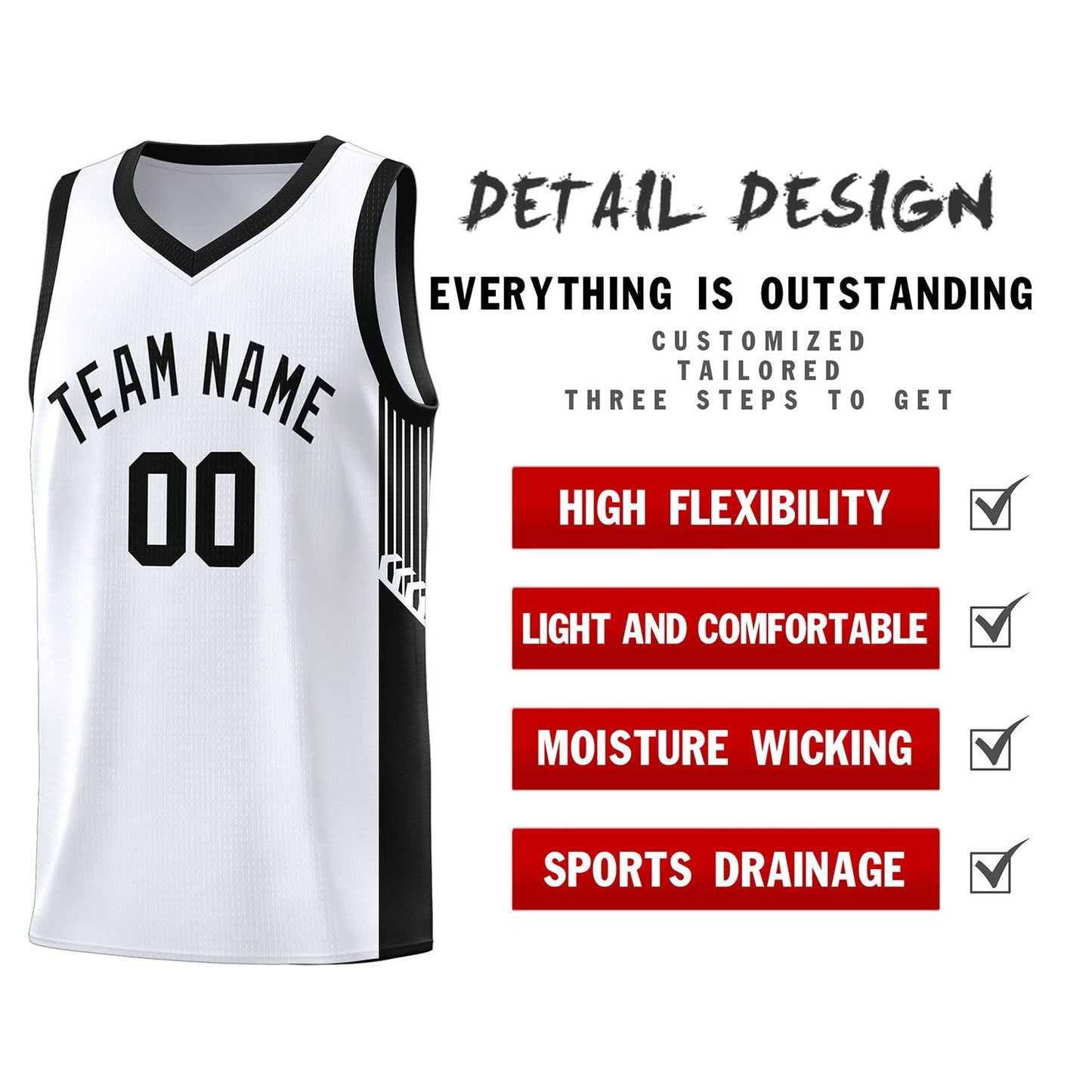 Custom White Black Side Stripe Fashion Sports Uniform Basketball Jersey