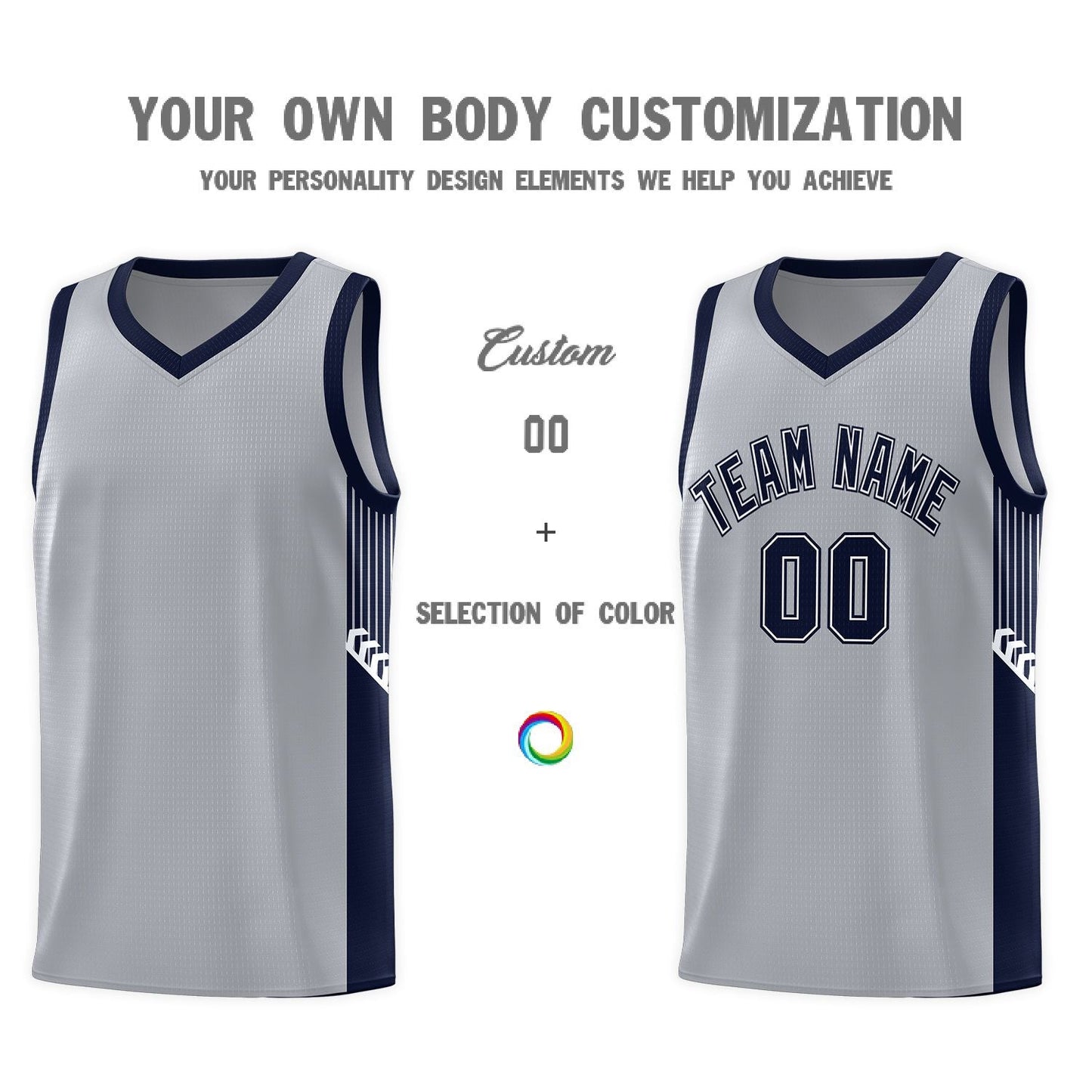 Custom Gray Navy-White Side Stripe Fashion Sports Uniform Basketball Jersey