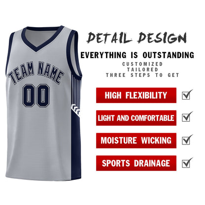 Custom Gray Navy-White Side Stripe Fashion Sports Uniform Basketball Jersey