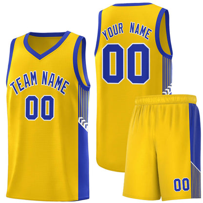 Custom Gold Royal-White Side Stripe Fashion Sports Uniform Basketball Jersey