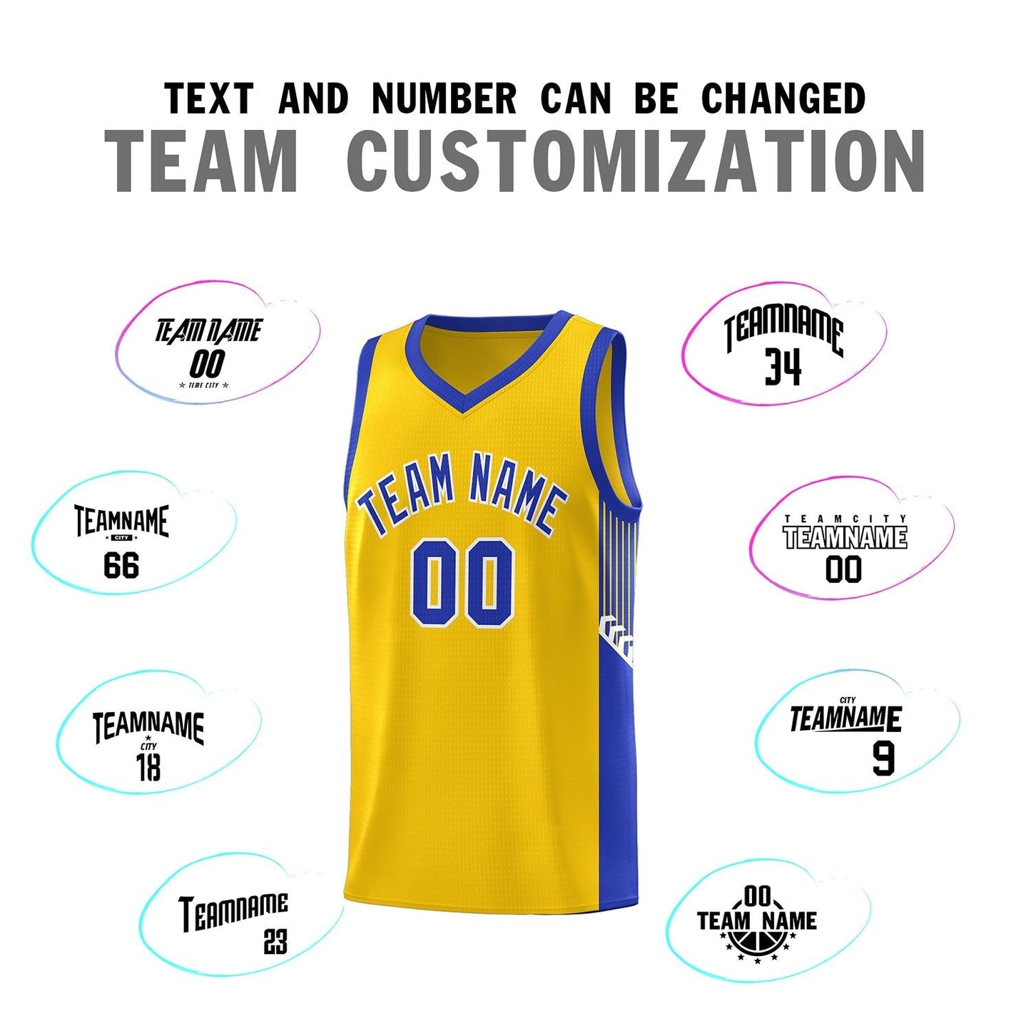 Custom Gold Royal-White Side Stripe Fashion Sports Uniform Basketball Jersey