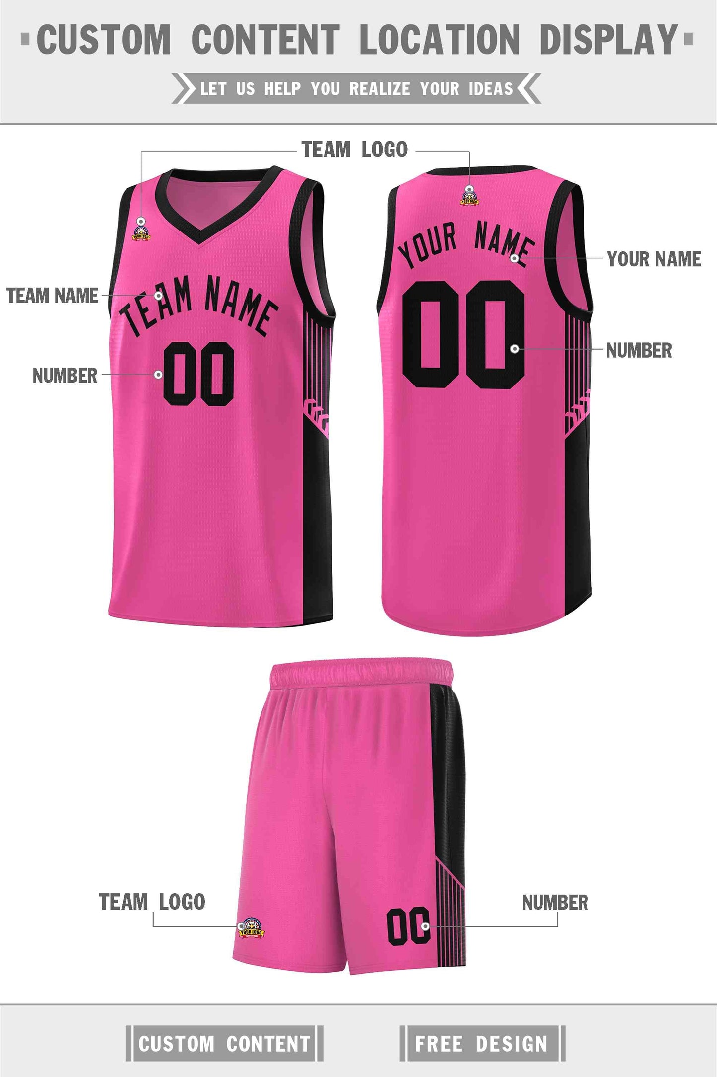 Custom Pink Black Side Stripe Fashion Sports Uniform Basketball Jersey