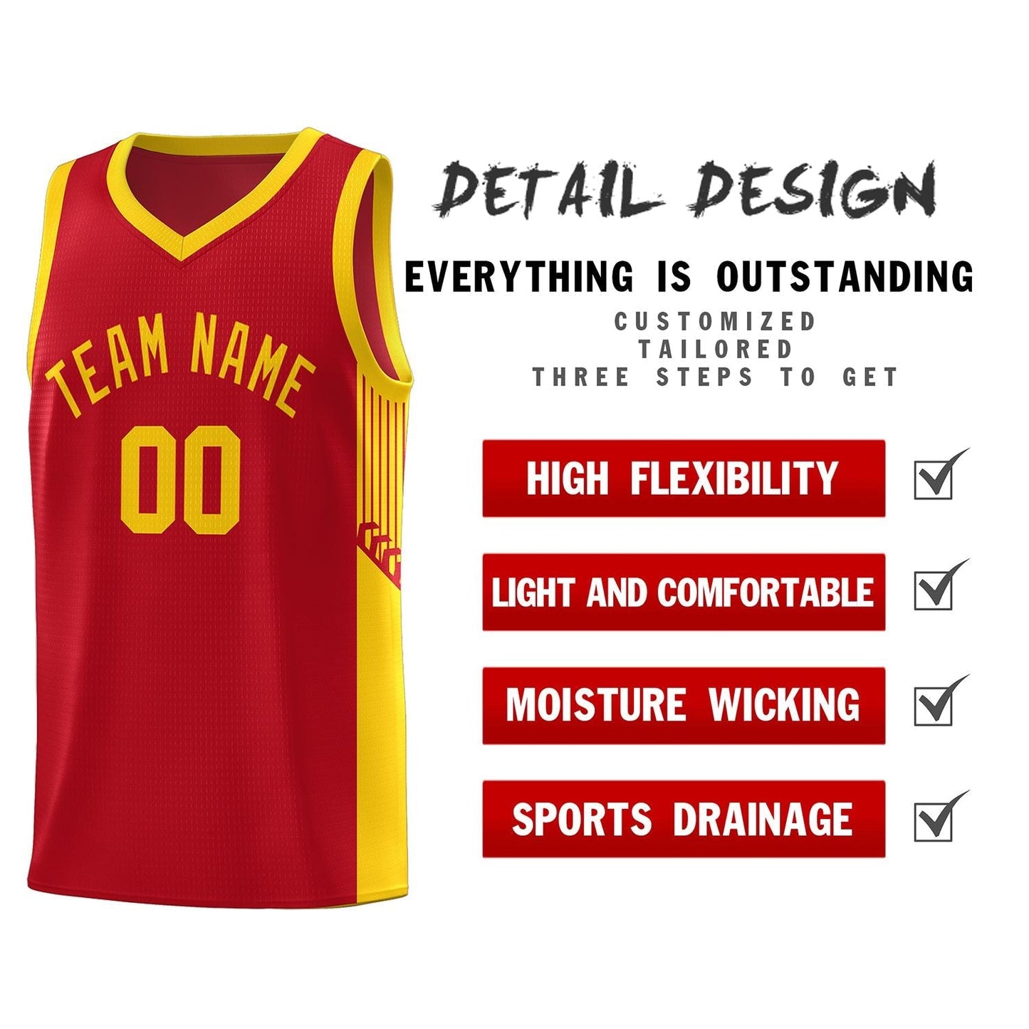 Custom Red Gold Side Stripe Fashion Sports Uniform Basketball Jersey