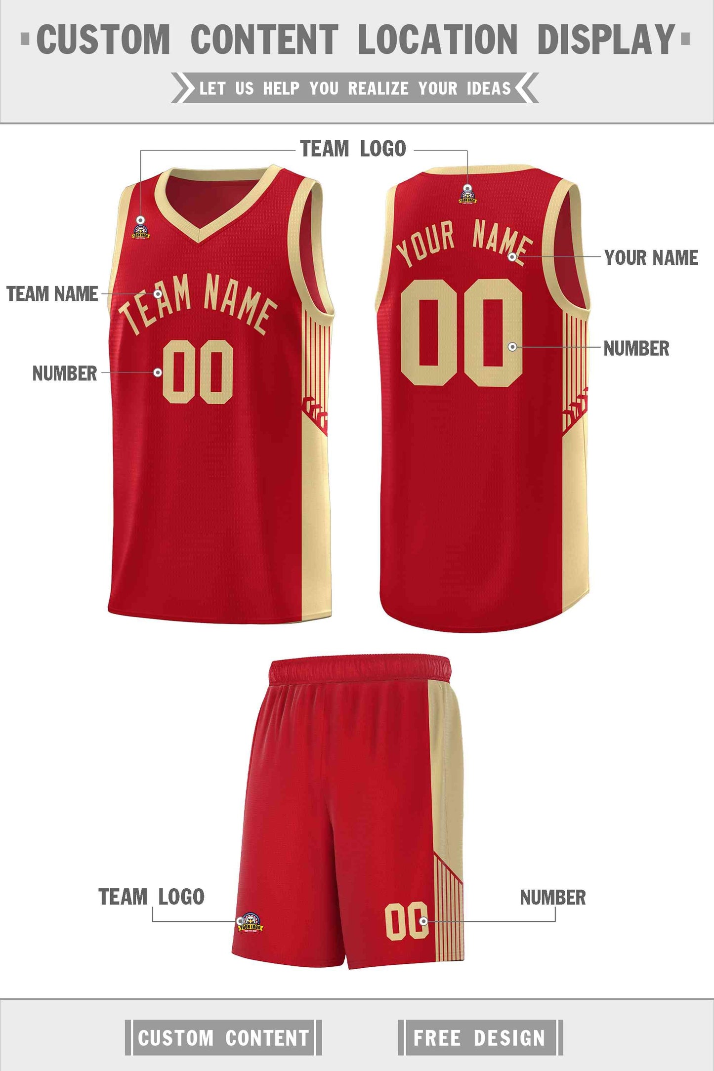 Custom Red Khaki Side Stripe Fashion Sports Uniform Basketball Jersey