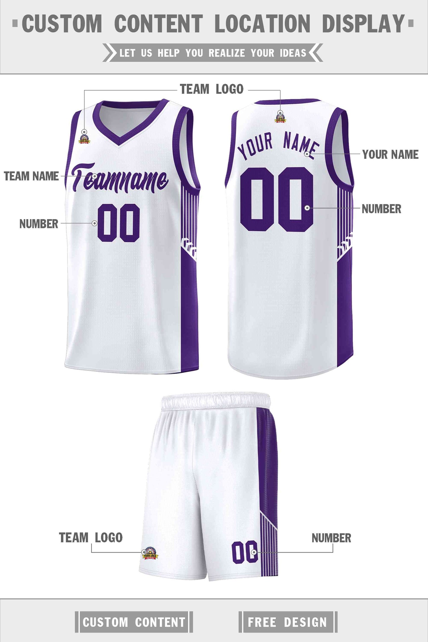 Custom White Purple Side Stripe Fashion Sports Uniform Basketball Jersey