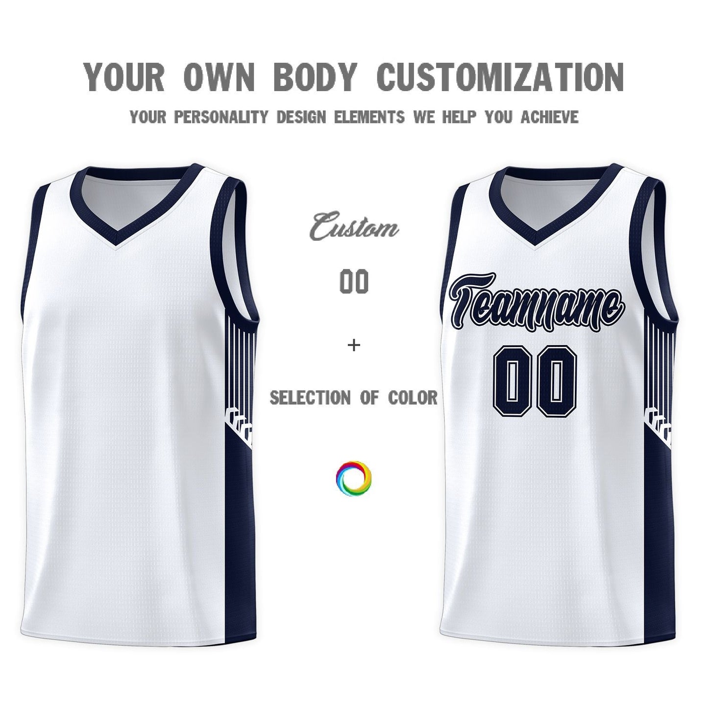 Custom White Navy Side Stripe Fashion Sports Uniform Basketball Jersey