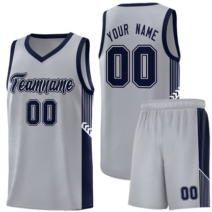 Custom Gray Navy-White Side Stripe Fashion Sports Uniform Basketball Jersey