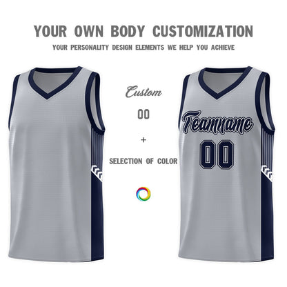 Custom Gray Navy-White Side Stripe Fashion Sports Uniform Basketball Jersey