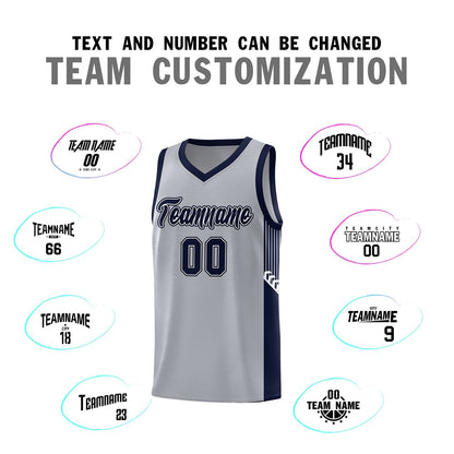 Custom Gray Navy-White Side Stripe Fashion Sports Uniform Basketball Jersey