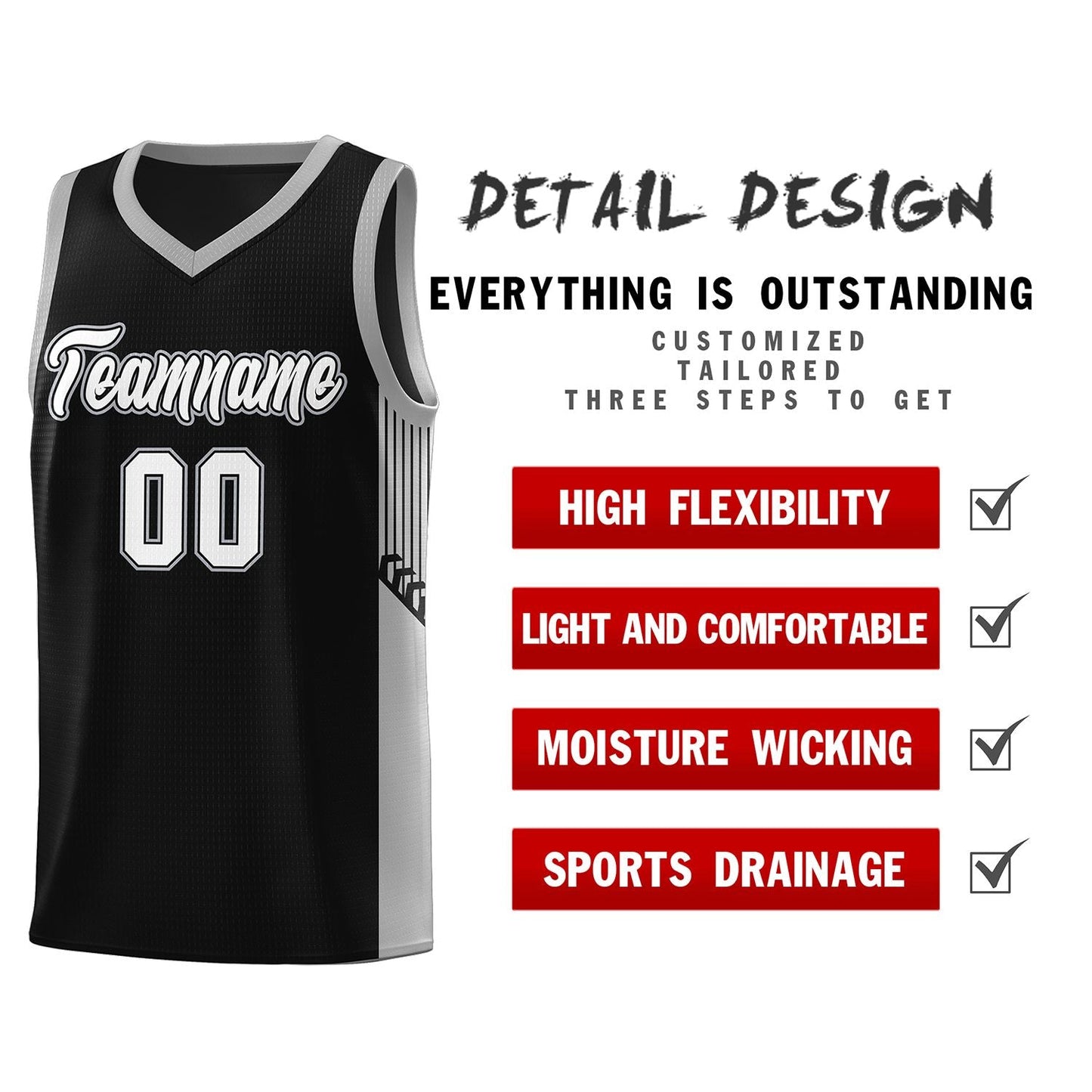 Custom Black White Side Stripe Fashion Sports Uniform Basketball Jersey