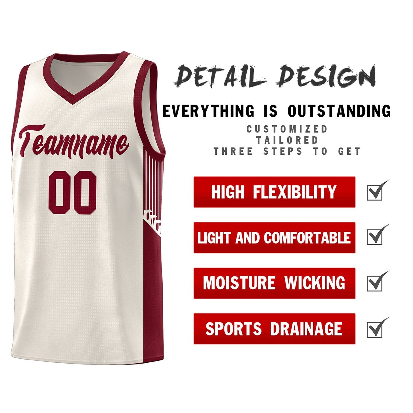 Custom Khaki Crimson Side Stripe Fashion Sports Uniform Basketball Jersey