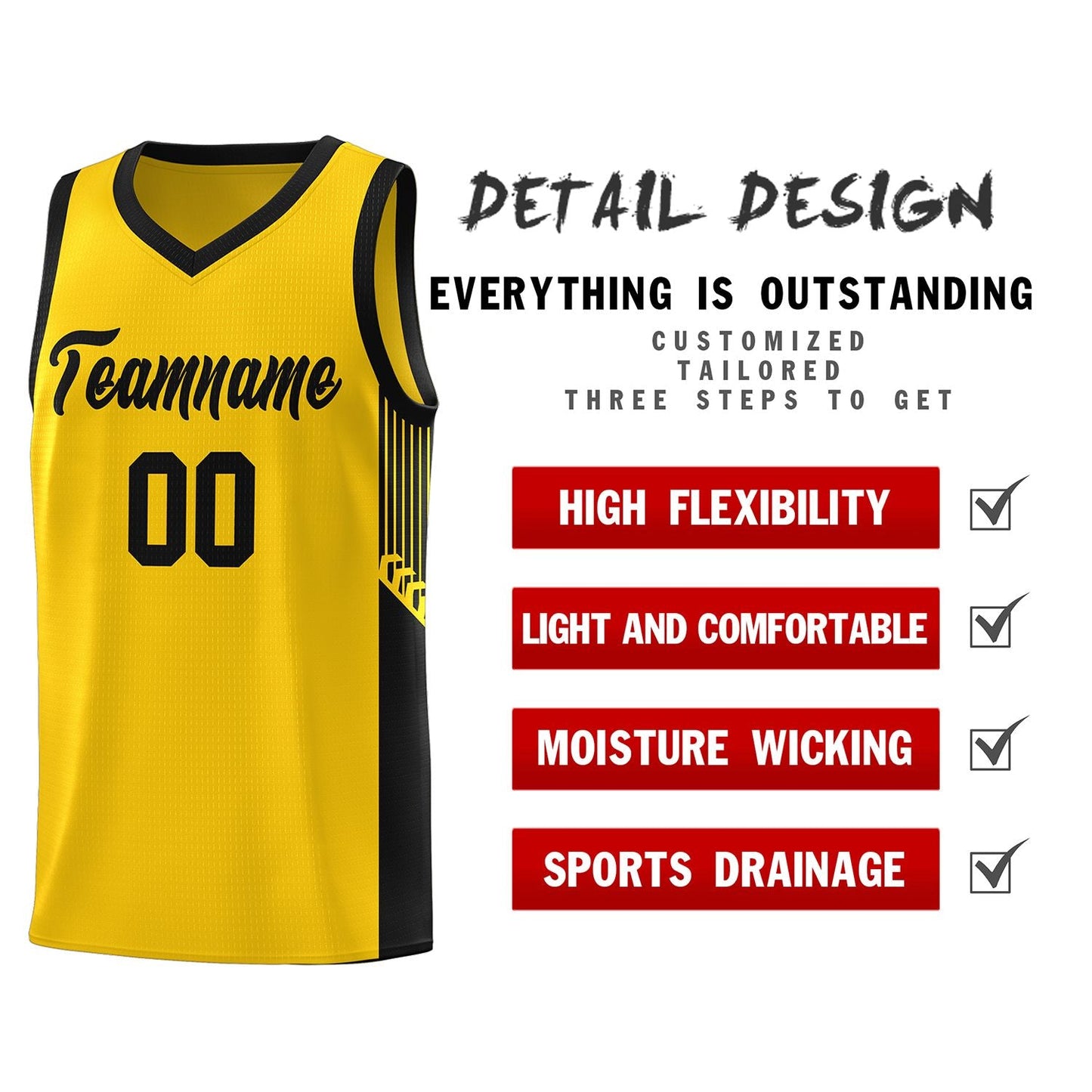 Custom Gold Black Side Stripe Fashion Sports Uniform Basketball Jersey