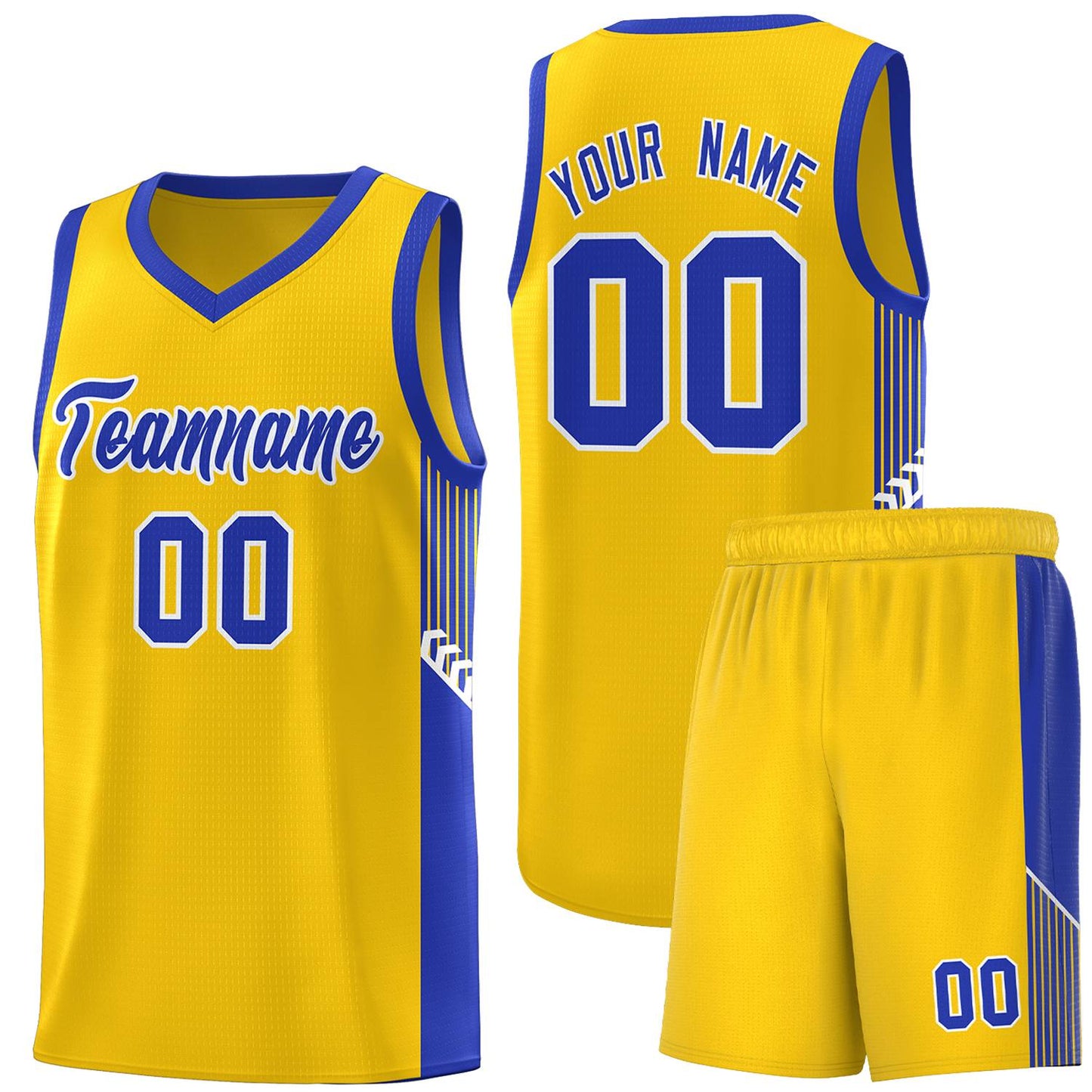 Custom Gold Royal-White Side Stripe Fashion Sports Uniform Basketball Jersey